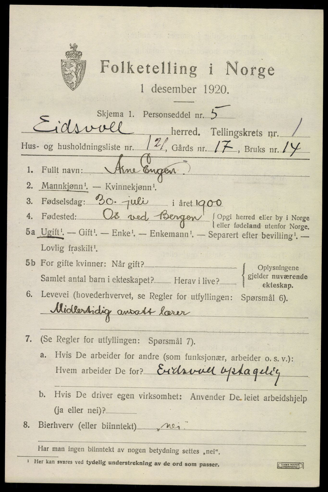 SAO, 1920 census for Eidsvoll, 1920, p. 5089