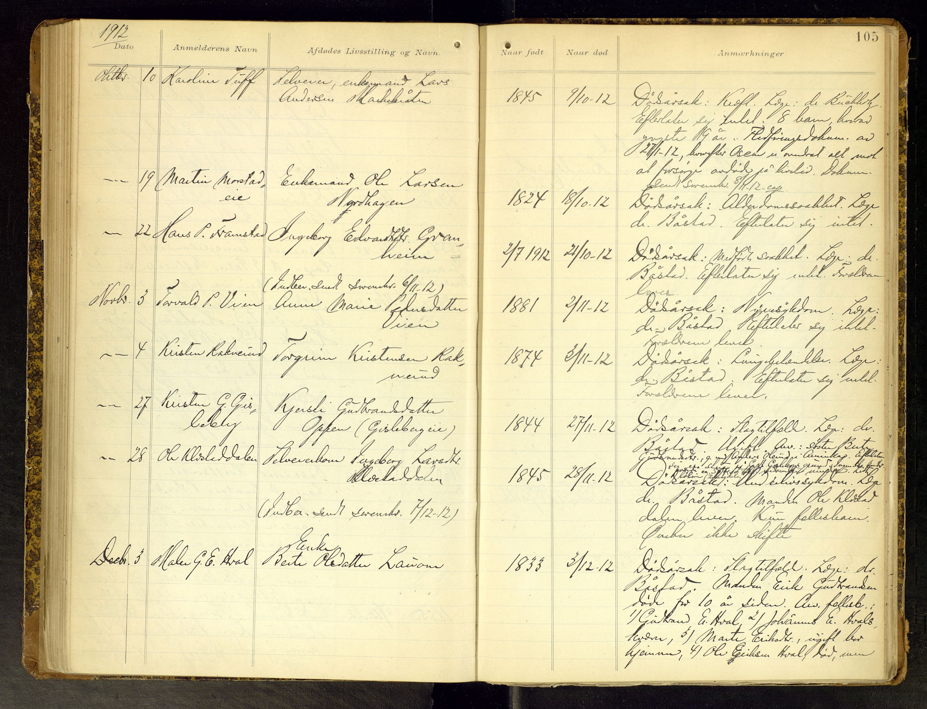 Gran lensmannskontor, AV/SAH-LOG-010/H/Ha/L0002: Dødsfallsprotokoll, 1899-1917, p. 105