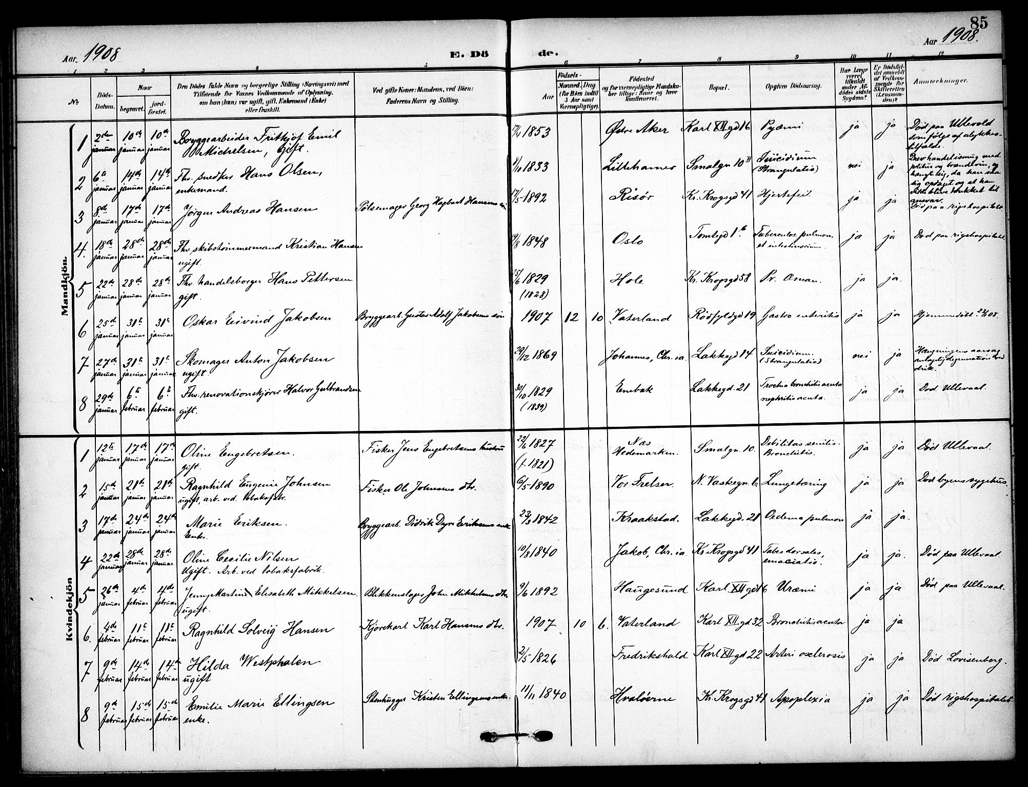 Vaterland prestekontor Kirkebøker, AV/SAO-A-10880/F/Fa/L0002: Parish register (official) no. 2, 1907-1921, p. 85