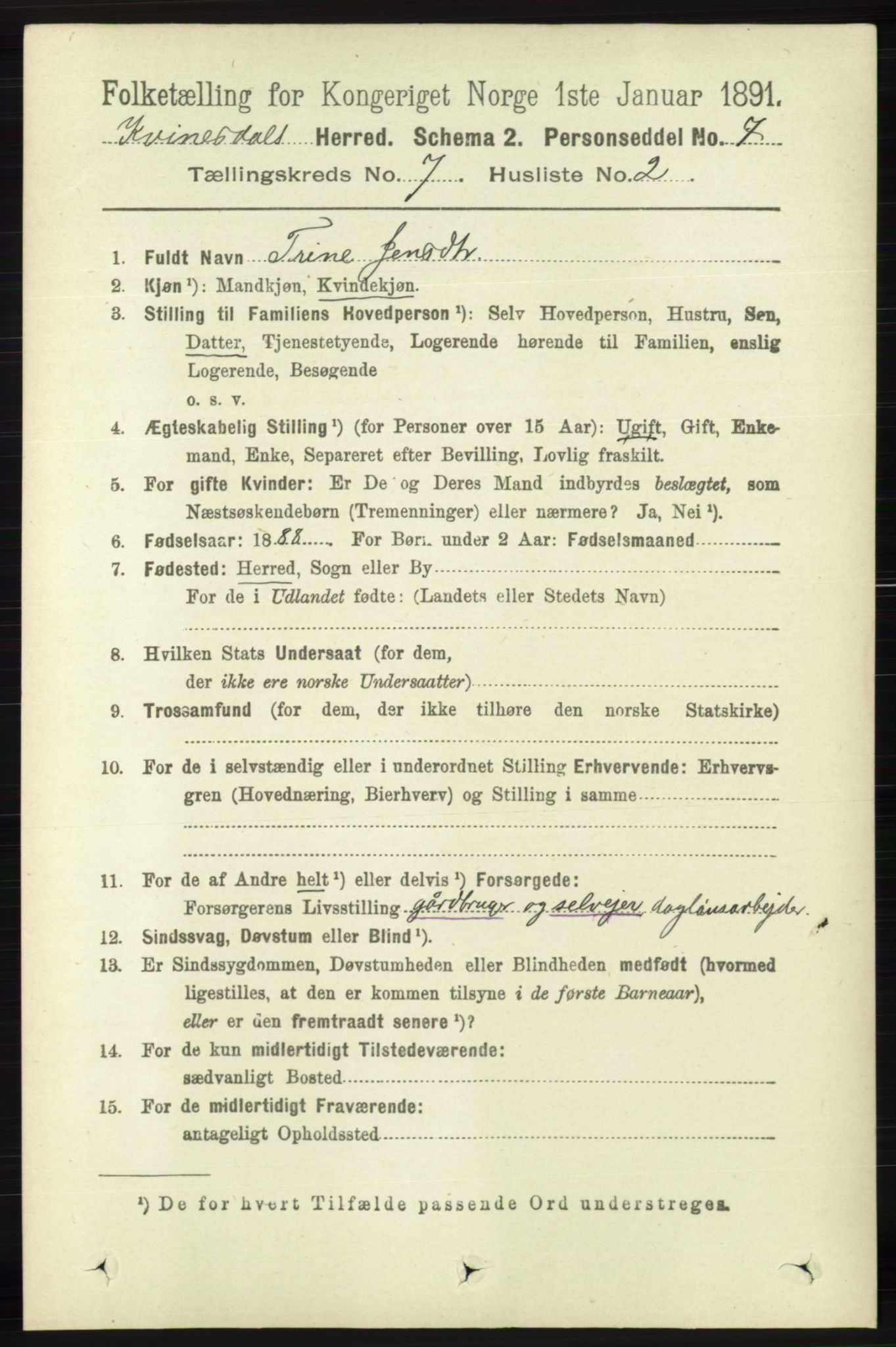 RA, 1891 census for 1037 Kvinesdal, 1891, p. 2434