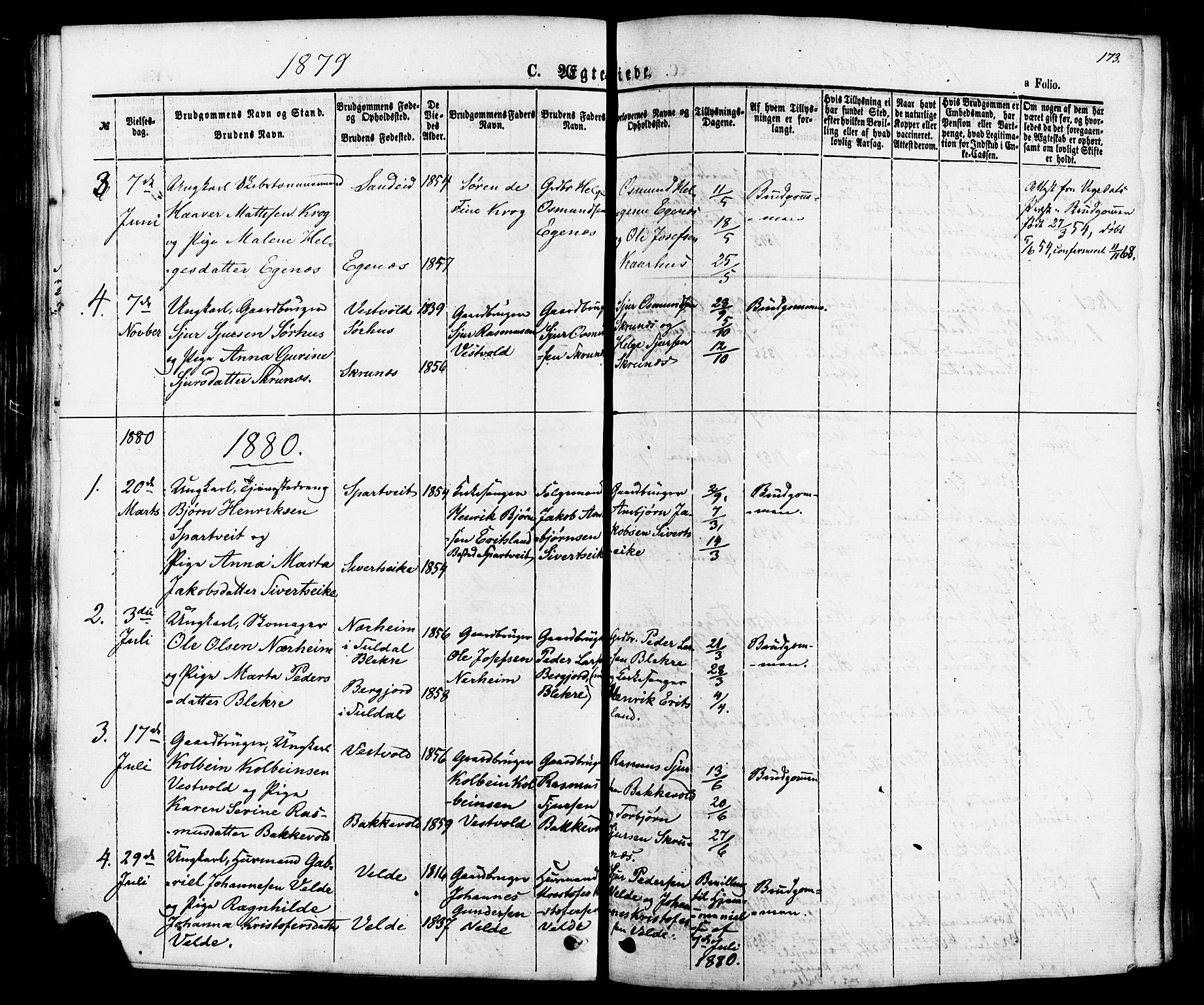 Skjold sokneprestkontor, SAST/A-101847/H/Ha/Haa/L0007: Parish register (official) no. A 7, 1857-1882, p. 173