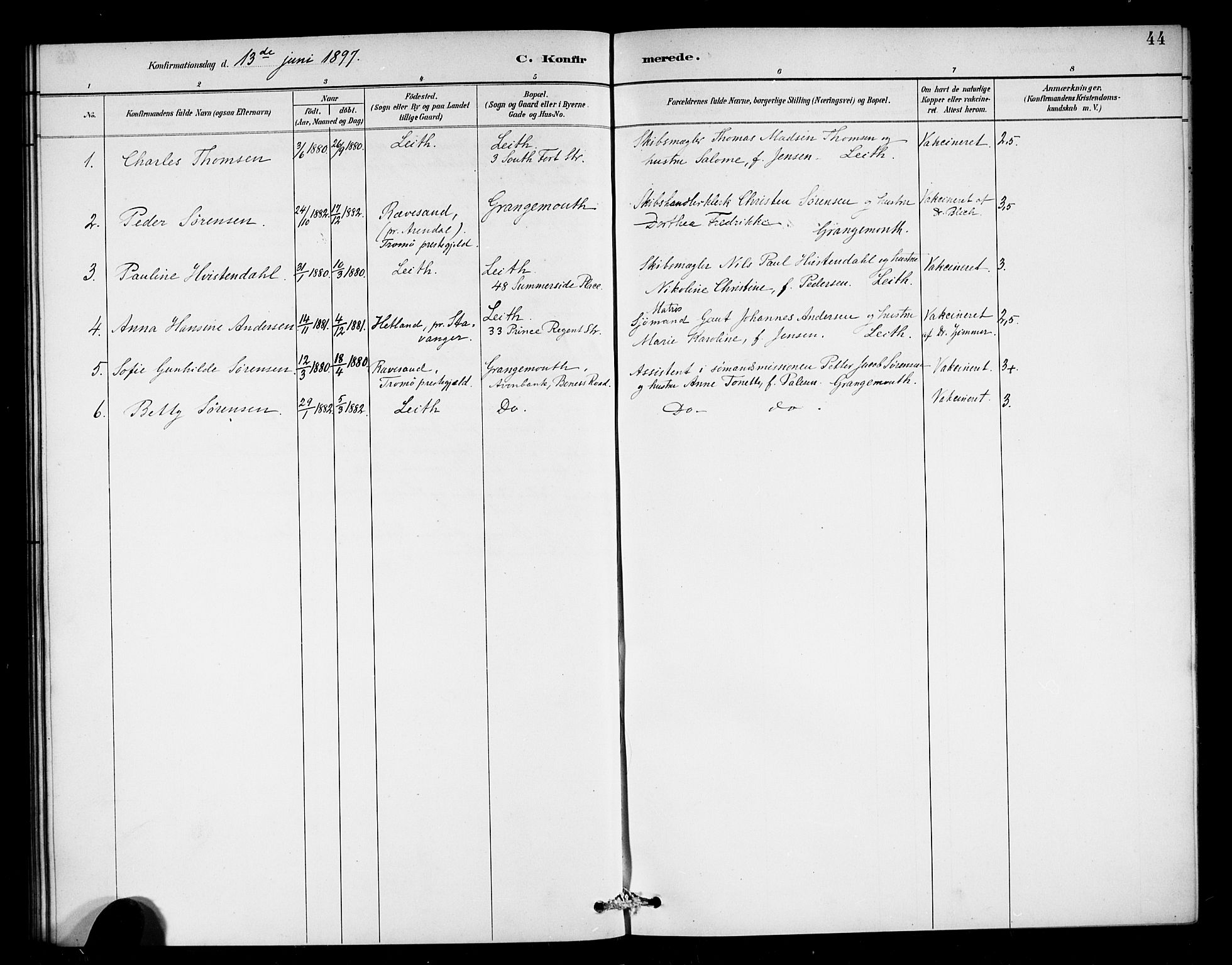 Den norske sjømannsmisjon i utlandet/Skotske havner (Leith, Glasgow), SAB/SAB/PA-0100/H/Ha/Haa/L0003: Parish register (official) no. A 3, 1887-1898, p. 44