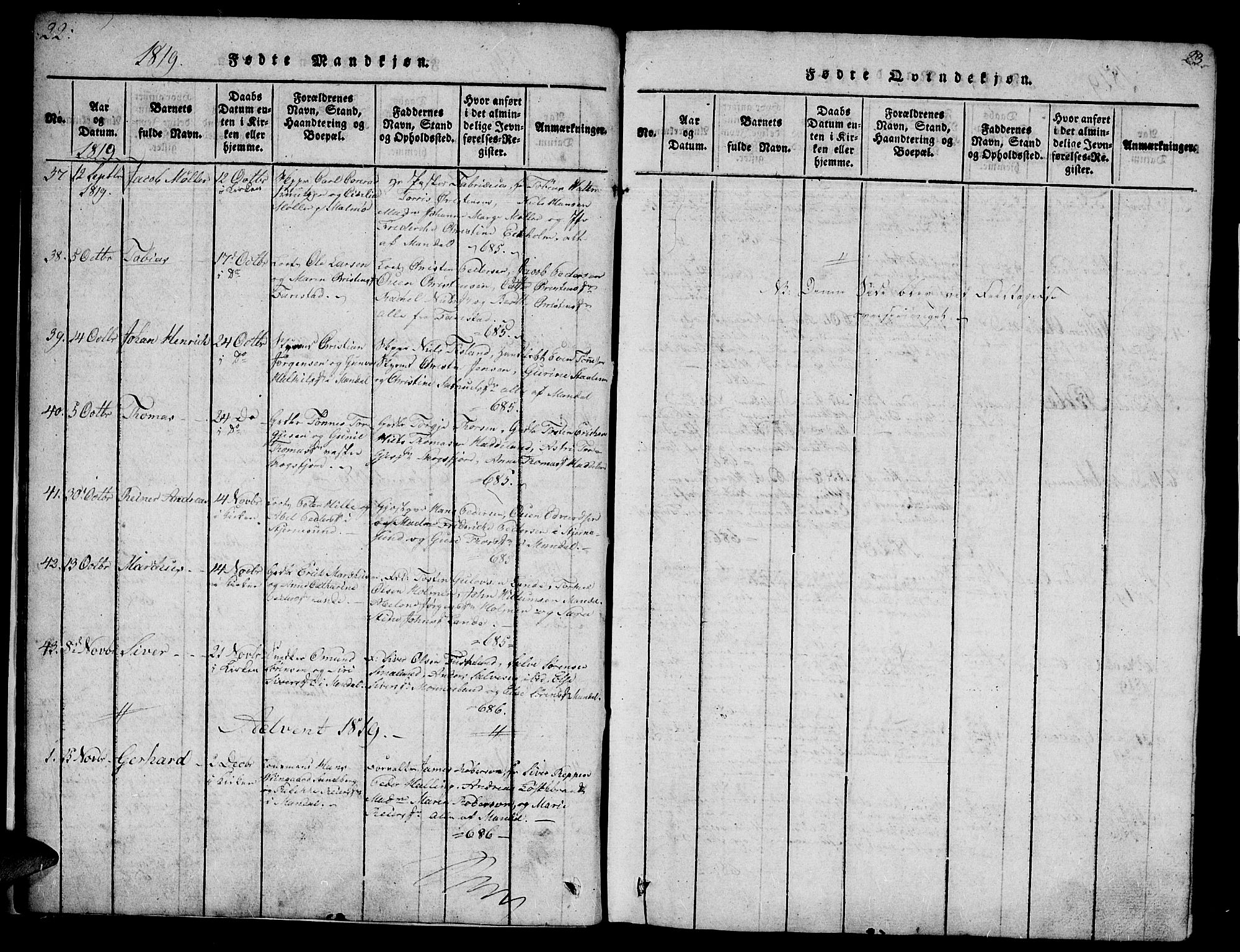 Mandal sokneprestkontor, SAK/1111-0030/F/Fb/Fba/L0001: Parish register (copy) no. B 1, 1818-1830, p. 22-23