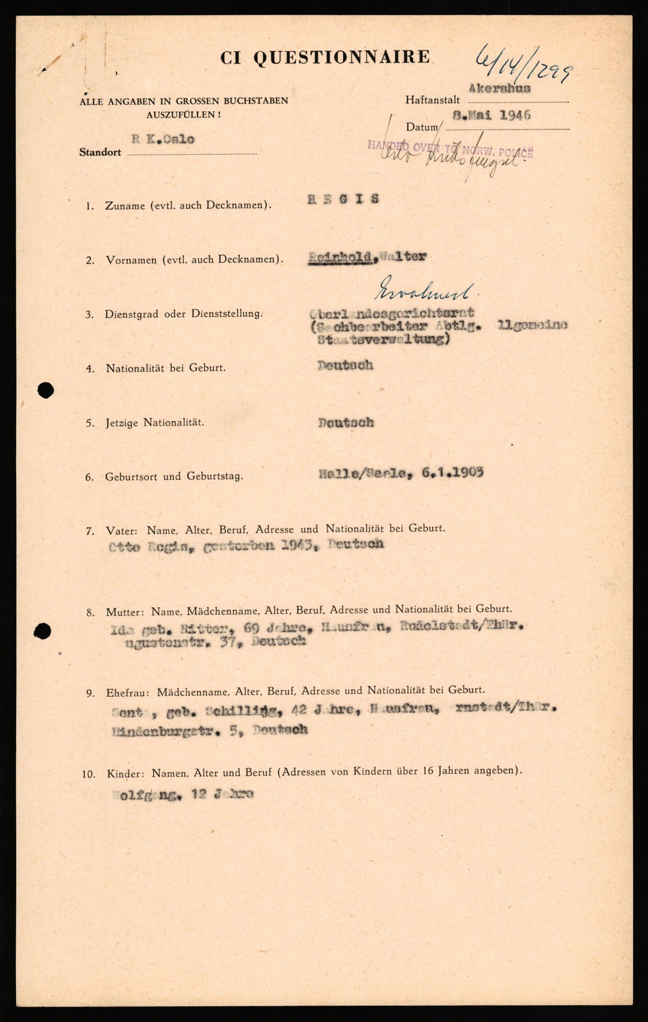 Forsvaret, Forsvarets overkommando II, RA/RAFA-3915/D/Db/L0027: CI Questionaires. Tyske okkupasjonsstyrker i Norge. Tyskere., 1945-1946, p. 89