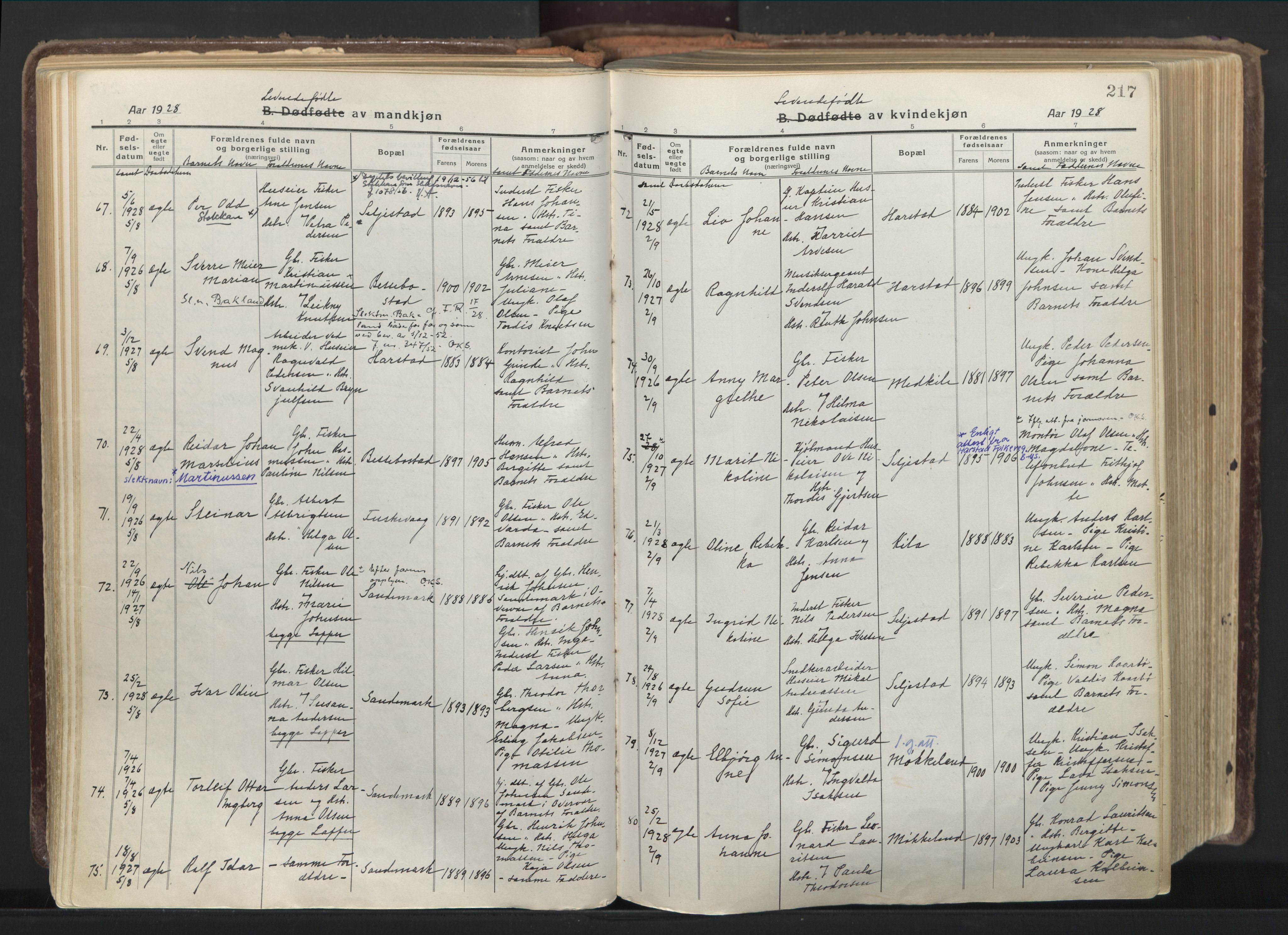 Trondenes sokneprestkontor, AV/SATØ-S-1319/H/Ha/L0019kirke: Parish register (official) no. 19, 1919-1928, p. 217