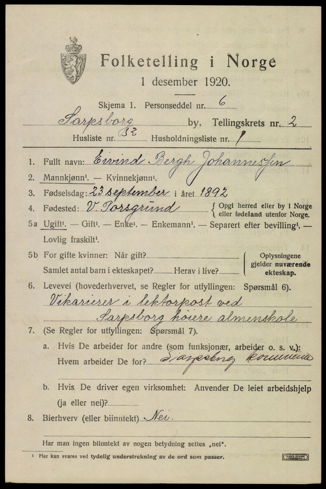 SAO, 1920 census for Sarpsborg, 1920, p. 10260