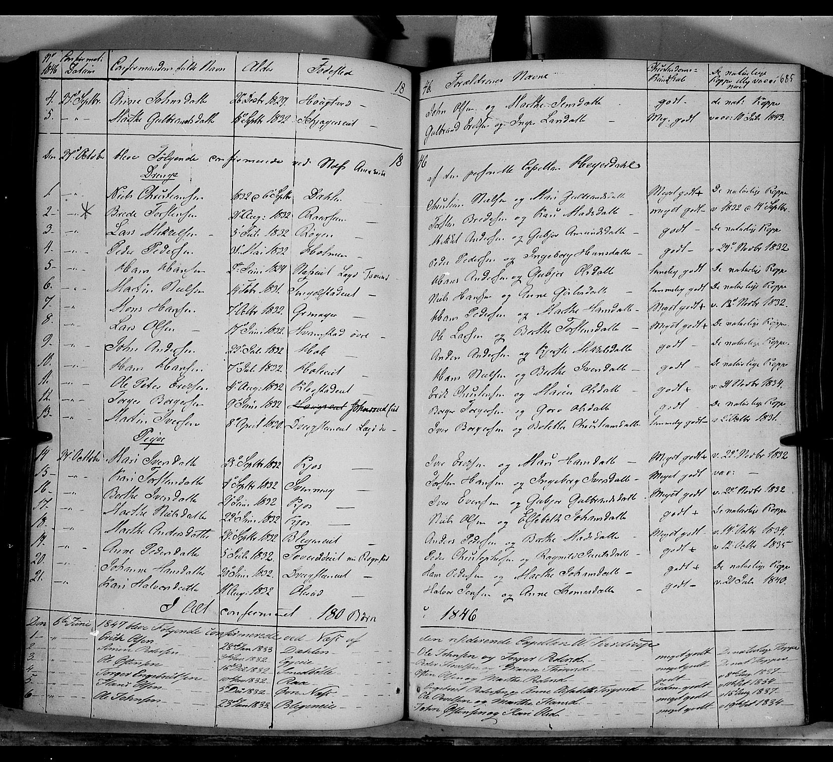 Gran prestekontor, SAH/PREST-112/H/Ha/Haa/L0011: Parish register (official) no. 11, 1842-1856, p. 684-685