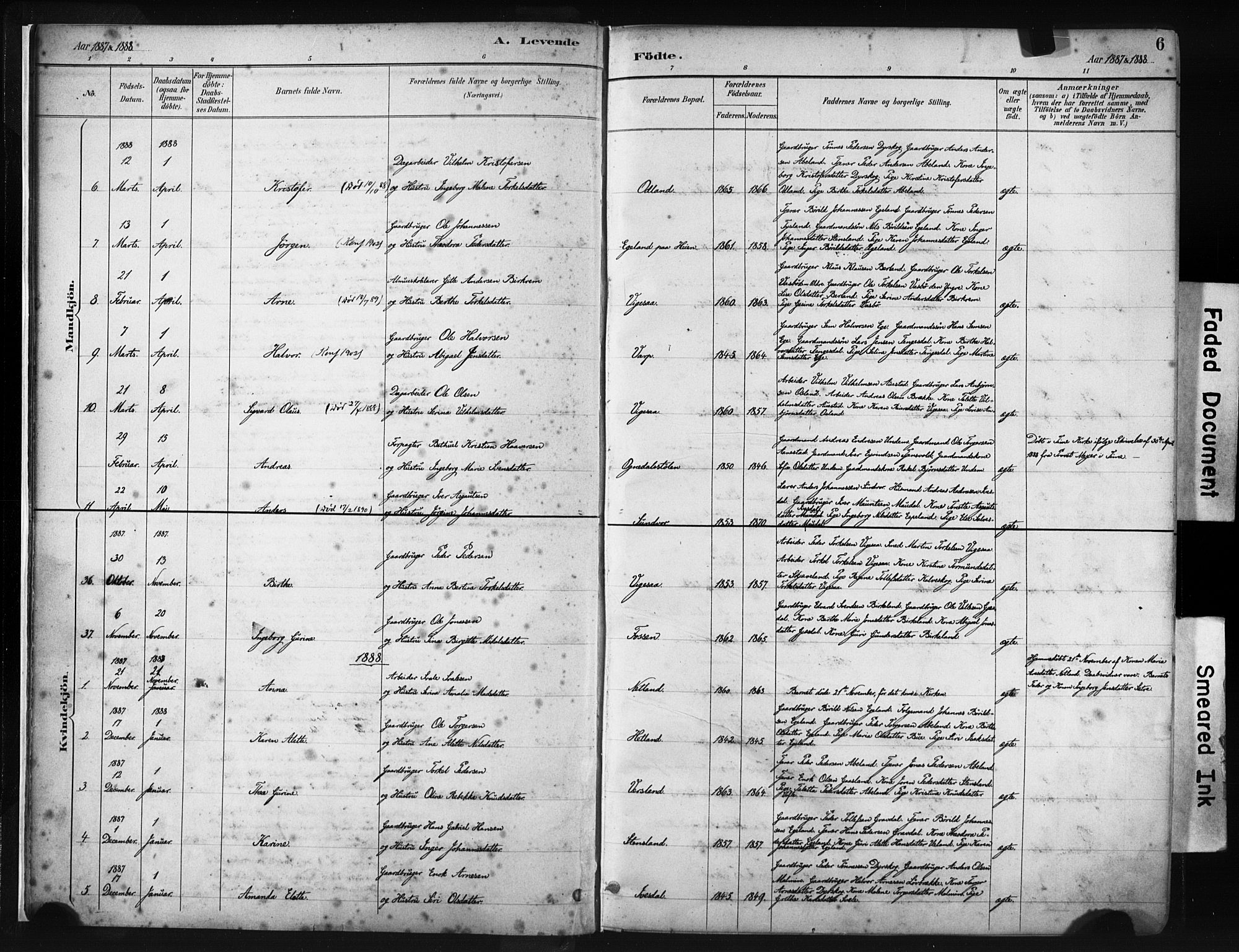 Helleland sokneprestkontor, AV/SAST-A-101810: Parish register (official) no. A 9, 1887-1908, p. 6