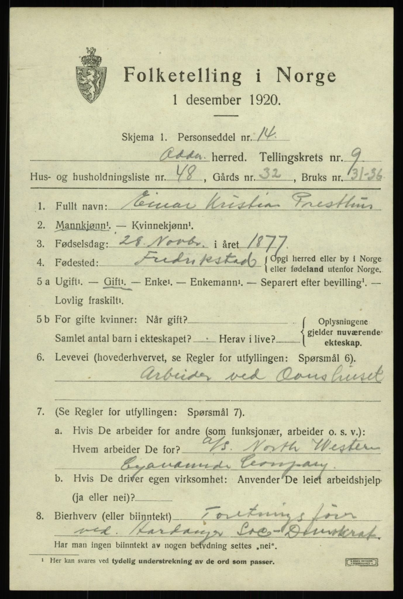 SAB, 1920 census for Odda, 1920, p. 8607