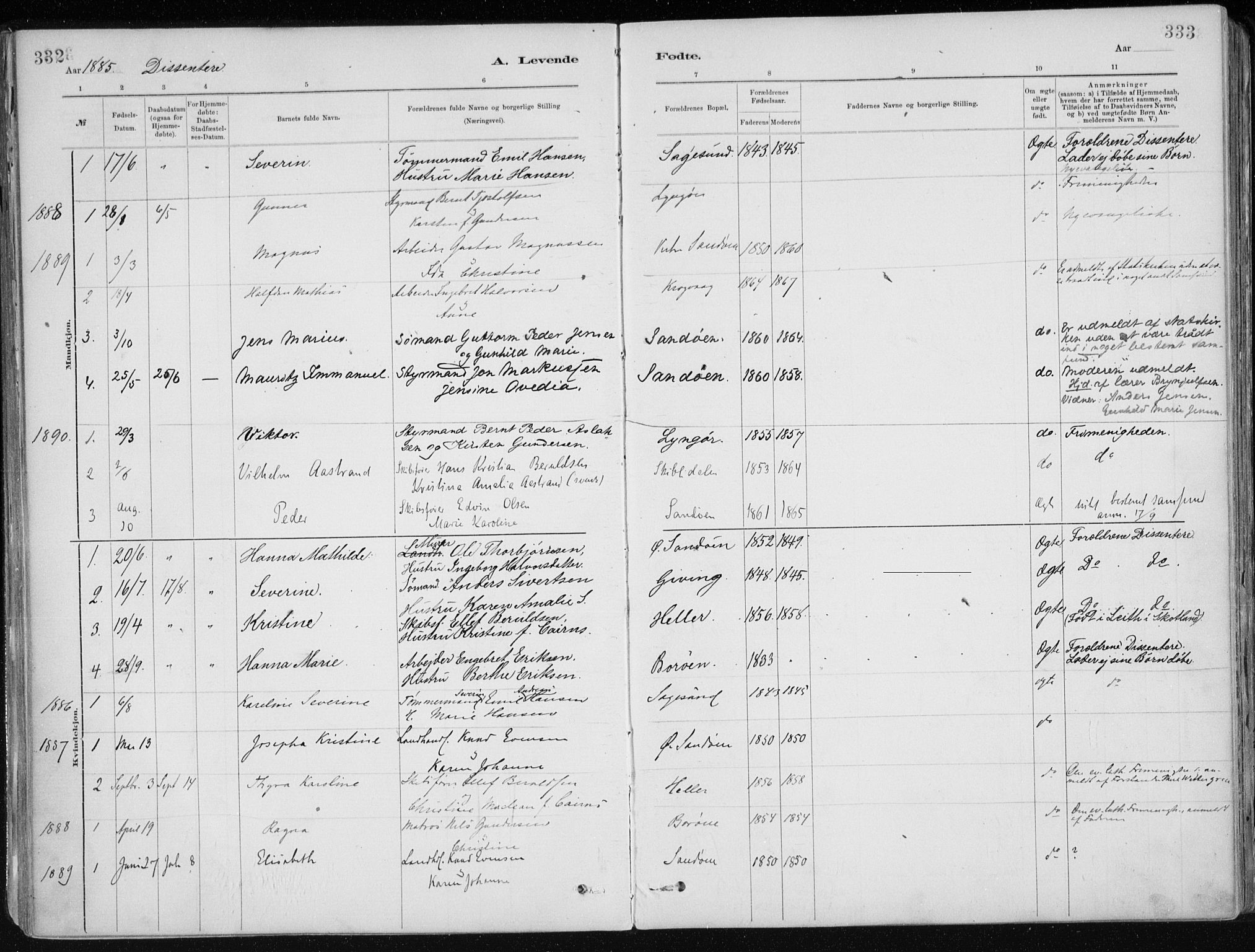 Dypvåg sokneprestkontor, SAK/1111-0007/F/Fa/Faa/L0008: Parish register (official) no. A 8, 1885-1906, p. 332-333