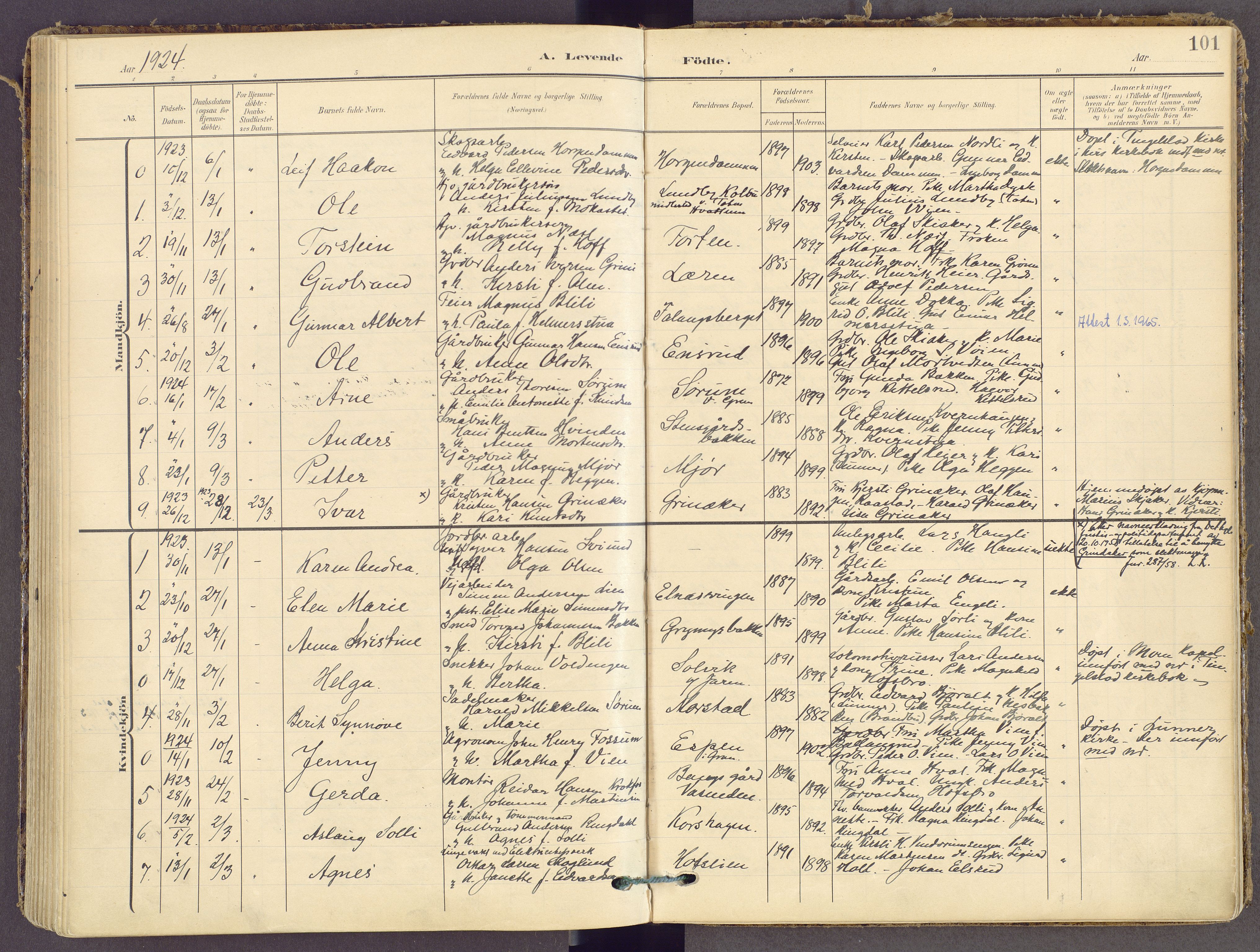Gran prestekontor, SAH/PREST-112/H/Ha/Haa/L0021: Parish register (official) no. 21, 1908-1932, p. 101