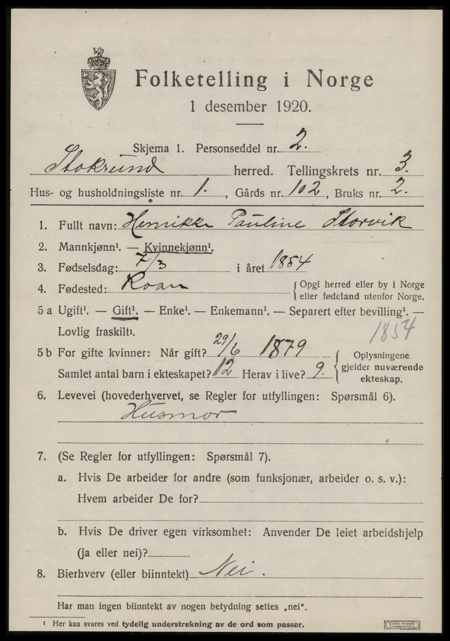 SAT, 1920 census for Stoksund, 1920, p. 1464