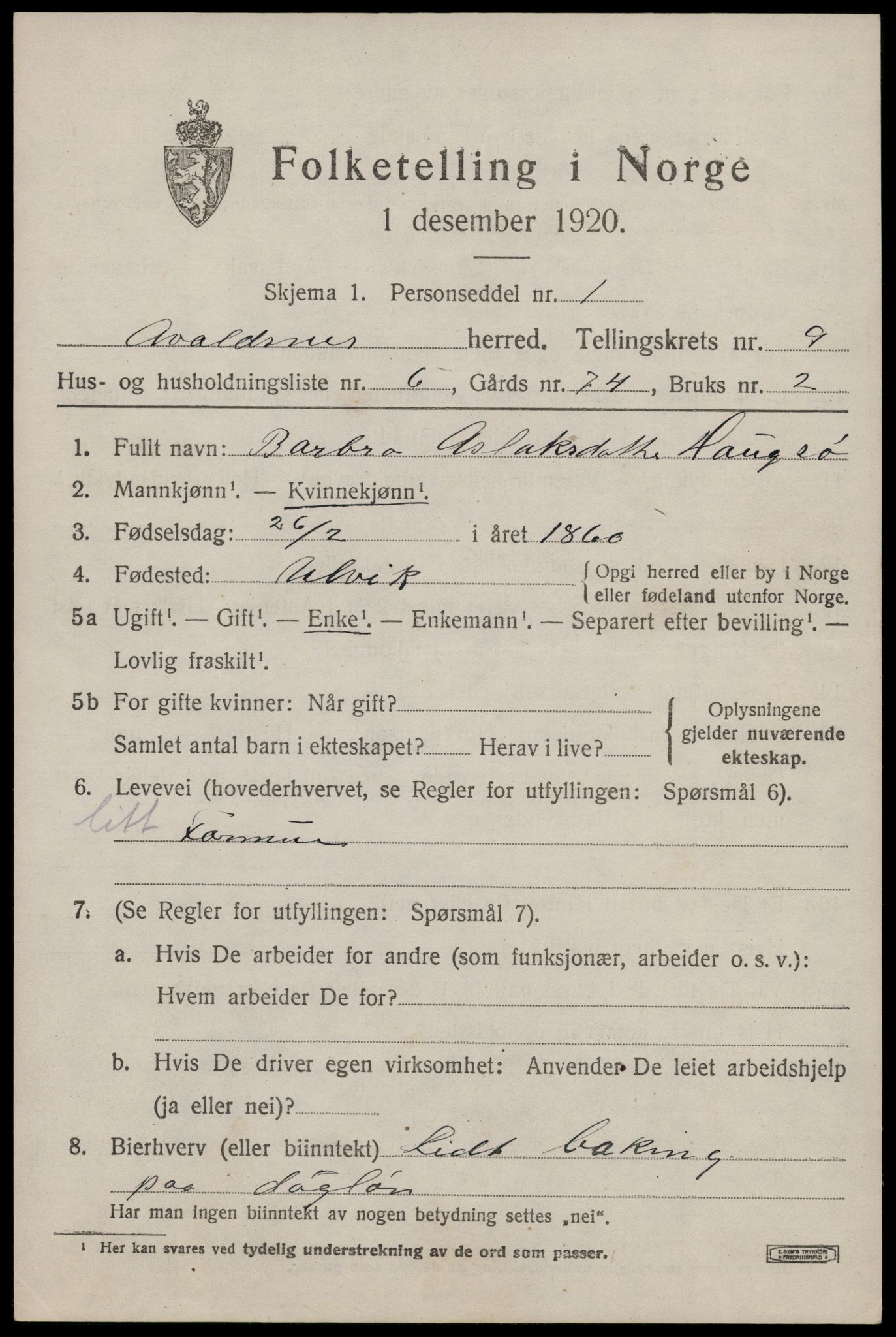 SAST, 1920 census for Avaldsnes, 1920, p. 7115