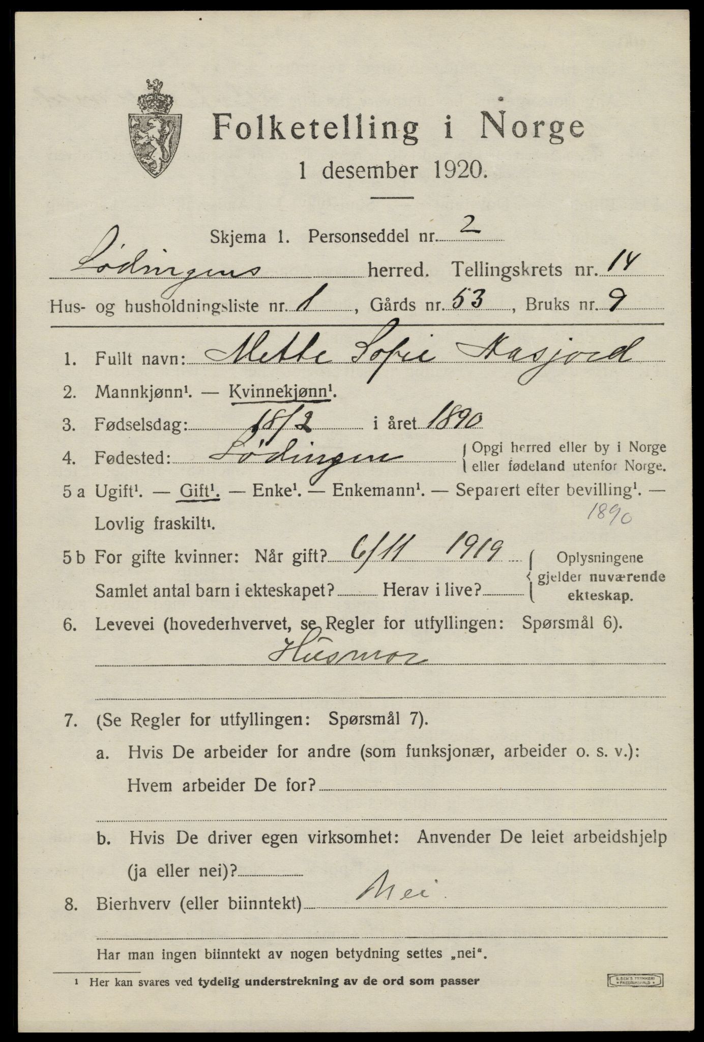 SAT, 1920 census for Lødingen, 1920, p. 6957