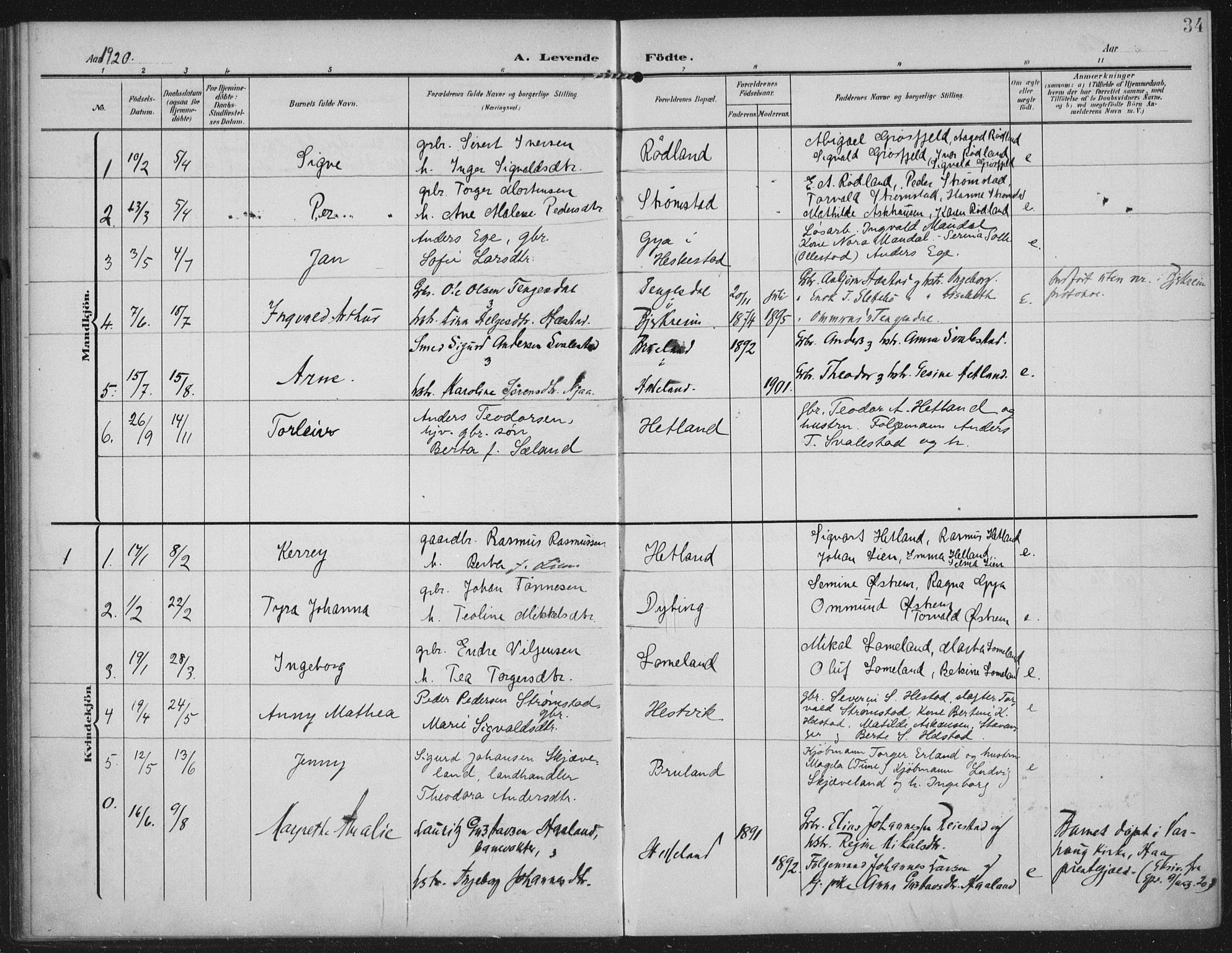 Helleland sokneprestkontor, SAST/A-101810: Parish register (official) no. A 12, 1906-1923, p. 34