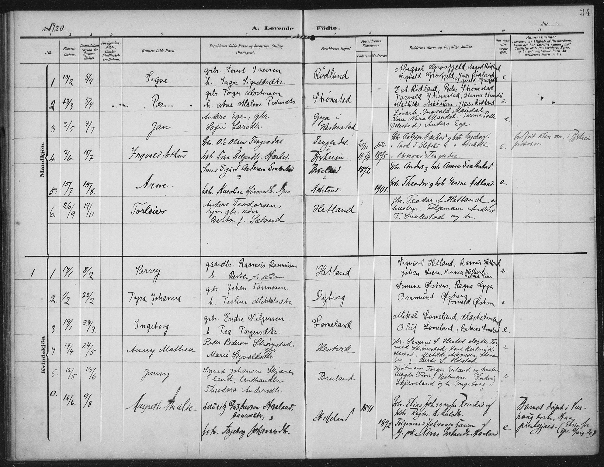 Helleland sokneprestkontor, AV/SAST-A-101810: Parish register (official) no. A 12, 1906-1923, p. 34