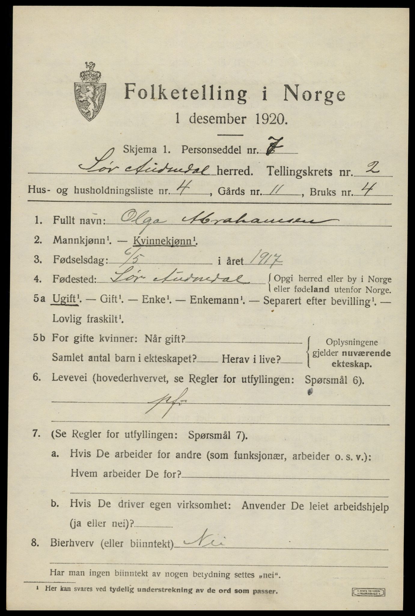 SAK, 1920 census for Sør-Audnedal, 1920, p. 1623