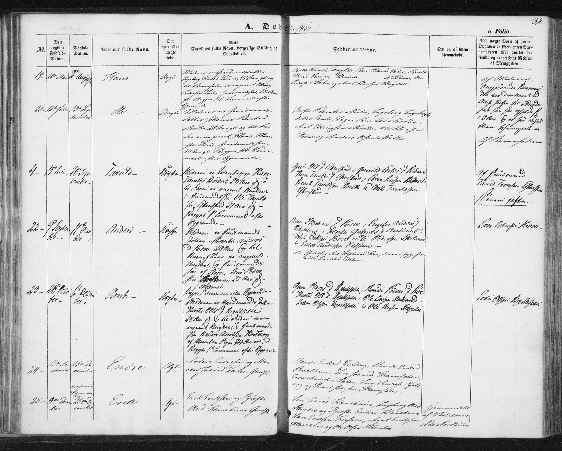 Ministerialprotokoller, klokkerbøker og fødselsregistre - Sør-Trøndelag, SAT/A-1456/689/L1038: Parish register (official) no. 689A03, 1848-1872, p. 34