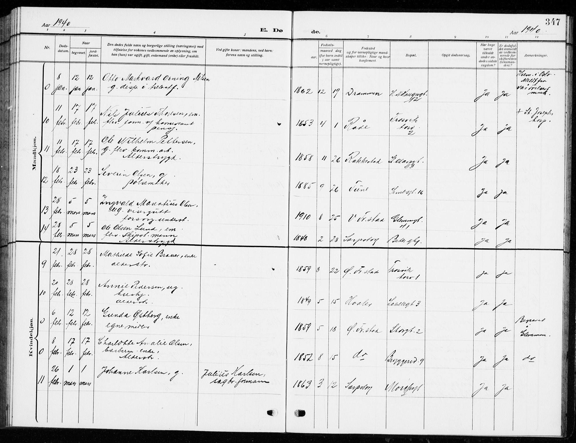 Fredrikstad domkirkes prestekontor Kirkebøker, AV/SAO-A-10906/G/Ga/L0004: Parish register (copy) no. 4, 1910-1944, p. 347