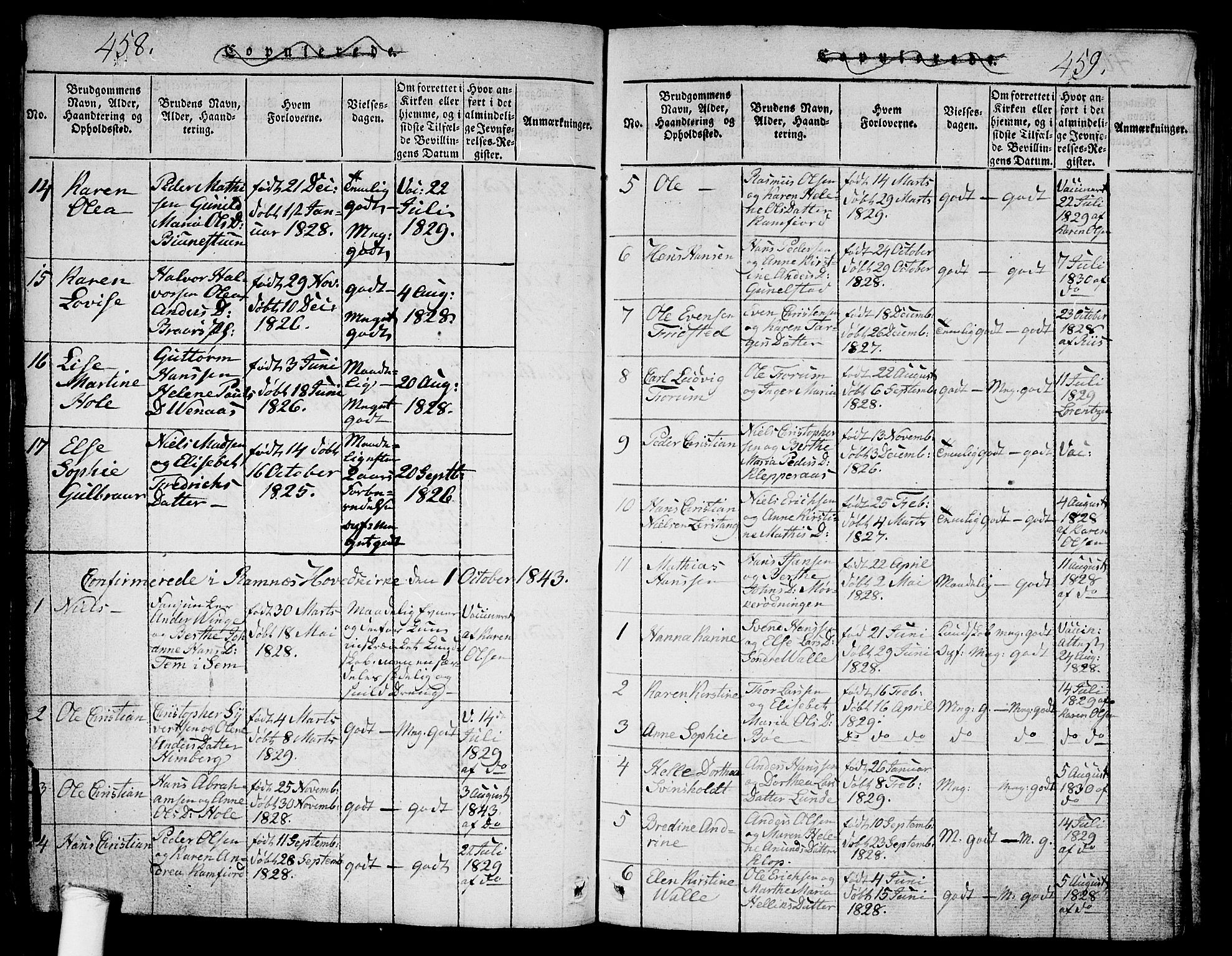 Ramnes kirkebøker, SAKO/A-314/G/Ga/L0001: Parish register (copy) no. I 1, 1813-1847, p. 458-459