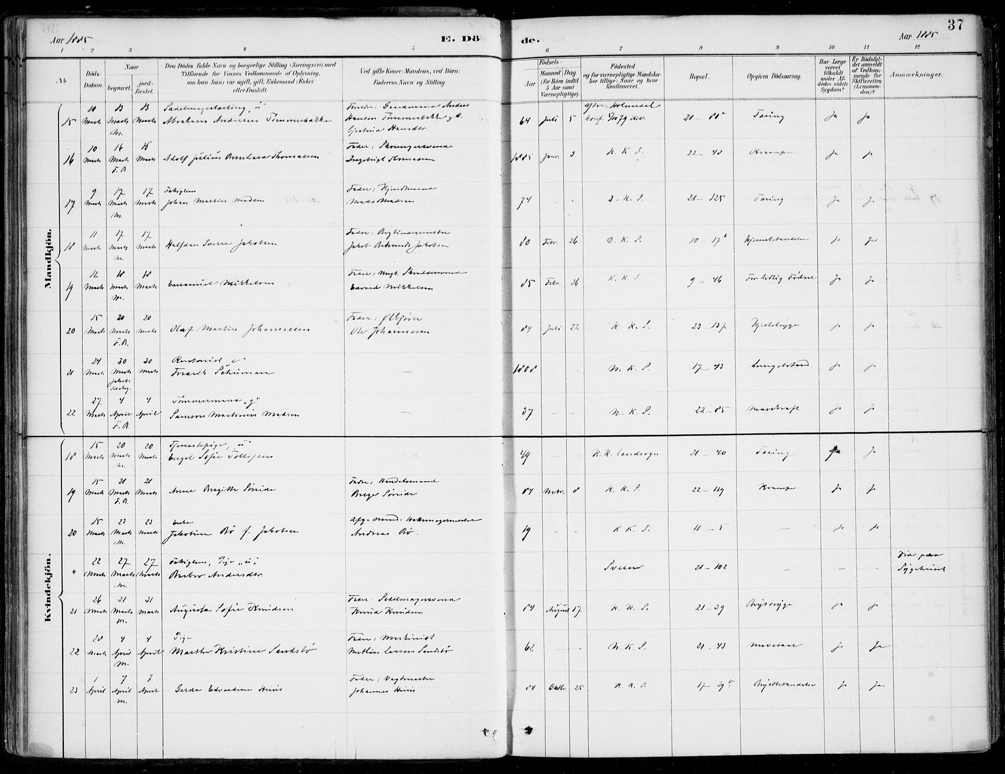 Korskirken sokneprestembete, SAB/A-76101/H/Hab: Parish register (copy) no. E 4, 1884-1910, p. 37