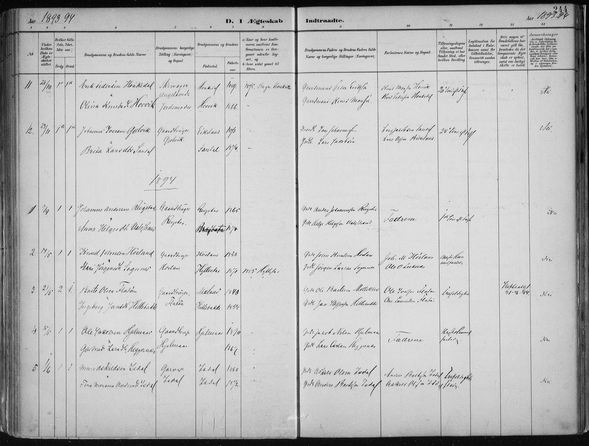 Hamre sokneprestembete, SAB/A-75501/H/Ha/Haa/Haab/L0001: Parish register (official) no. B  1, 1882-1905, p. 244