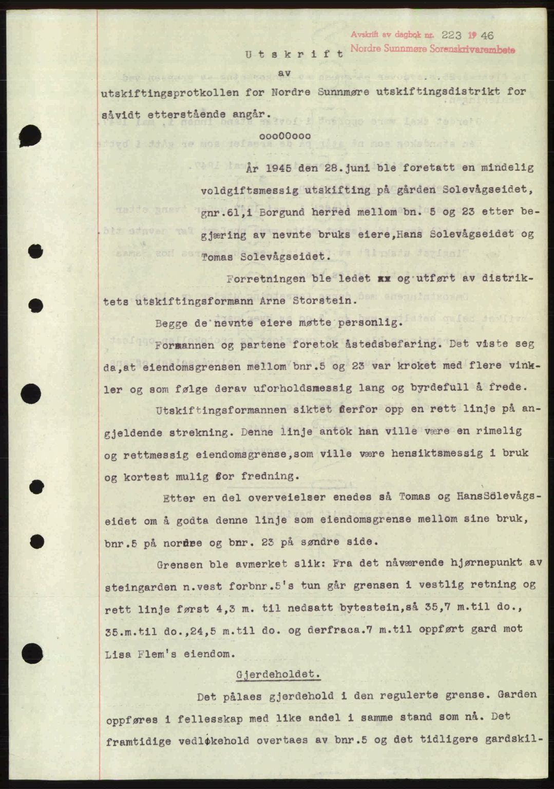 Nordre Sunnmøre sorenskriveri, AV/SAT-A-0006/1/2/2C/2Ca: Mortgage book no. A20b, 1946-1946, Diary no: : 223/1946