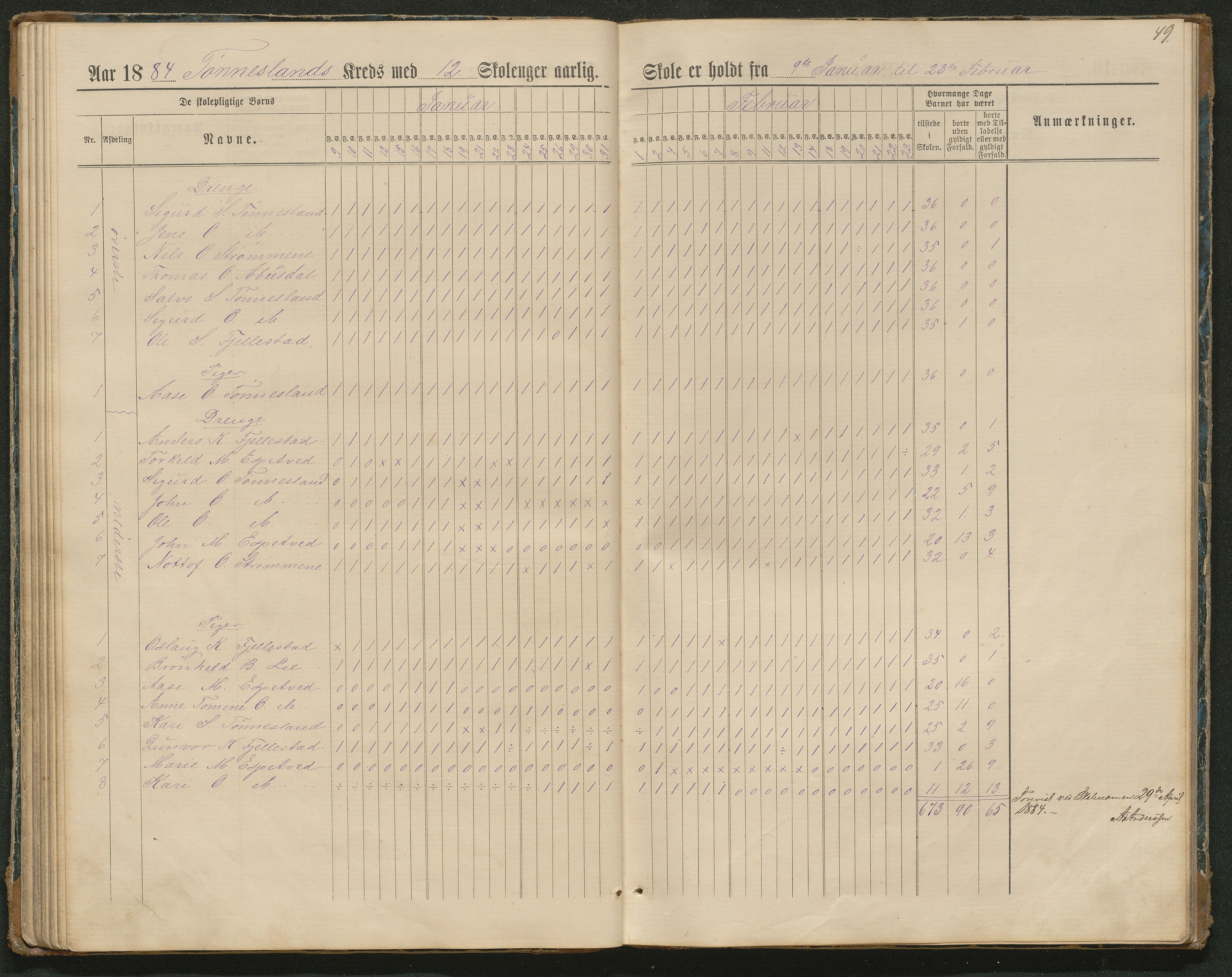 Hornnes kommune, Tønnesvold, Abusland skolekretser, AAKS/KA0936-550g/F1/L0003: Dagbok Abusland, Tønnesland, 1884-1900, p. 49