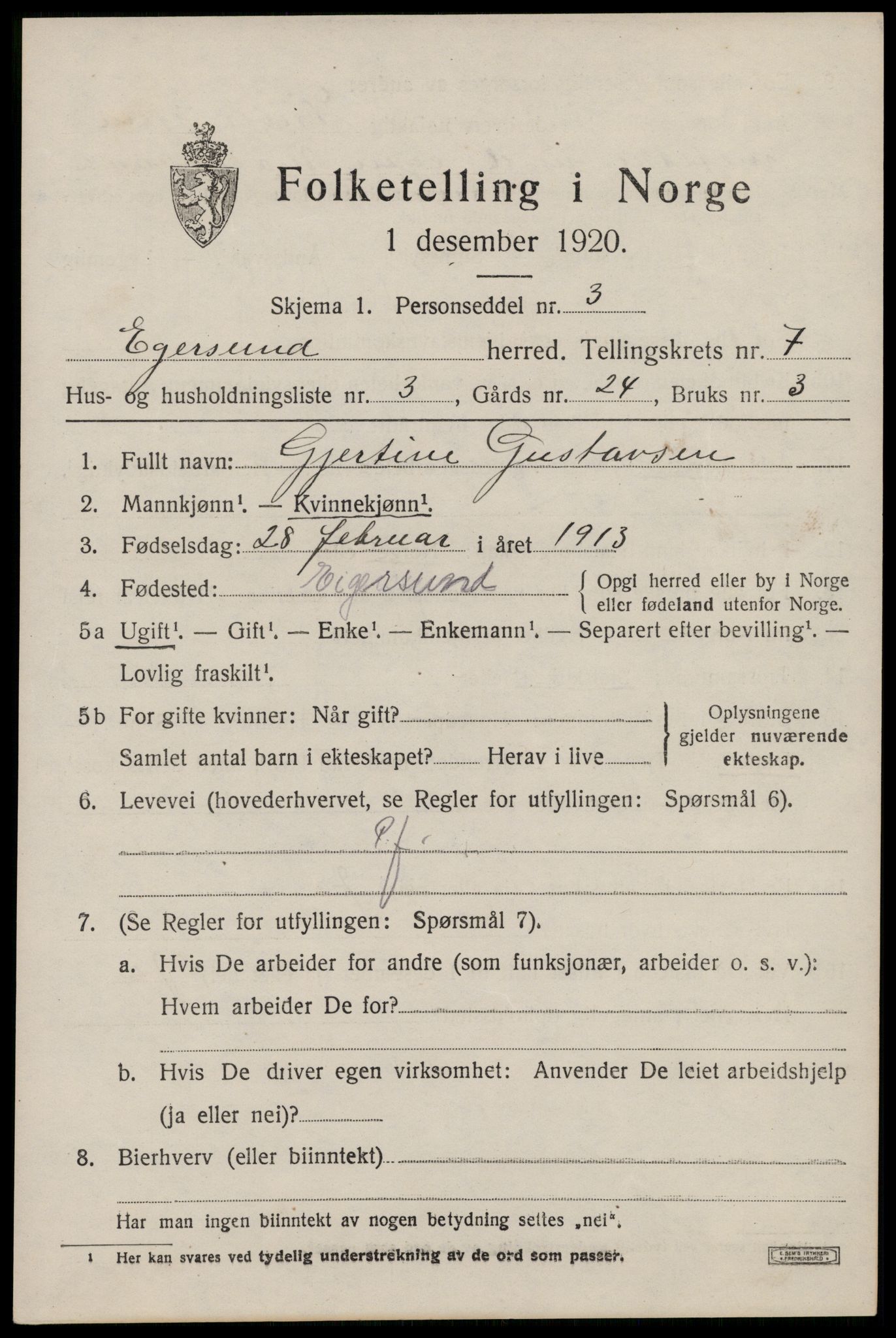 SAST, 1920 census for Eigersund, 1920, p. 4657