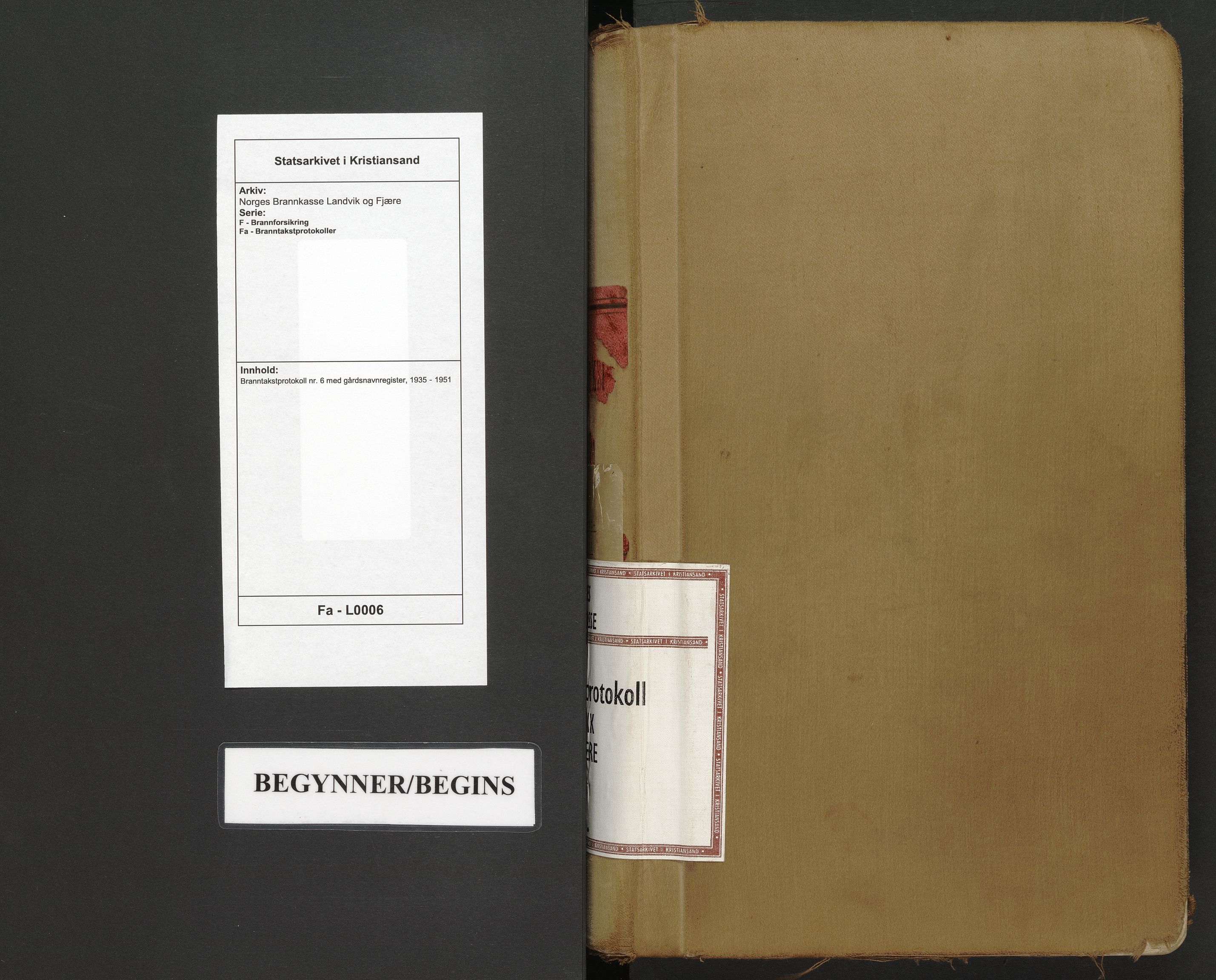 Norges Brannkasse Landvik og Fjære, AV/SAK-2241-0032/F/Fa/L0006: Branntakstprotokoll nr. 6 med gårdsnavnregister, 1935-1951