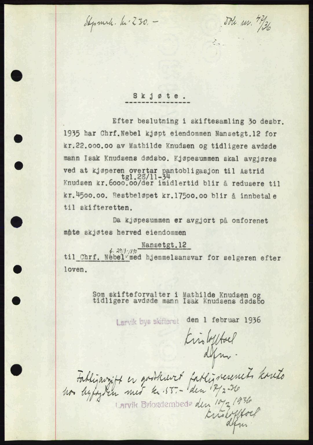 Larvik sorenskriveri, SAKO/A-83/G/Ga/Gab/L0067: Mortgage book no. A-1, 1936-1937, Diary no: : 47/1936