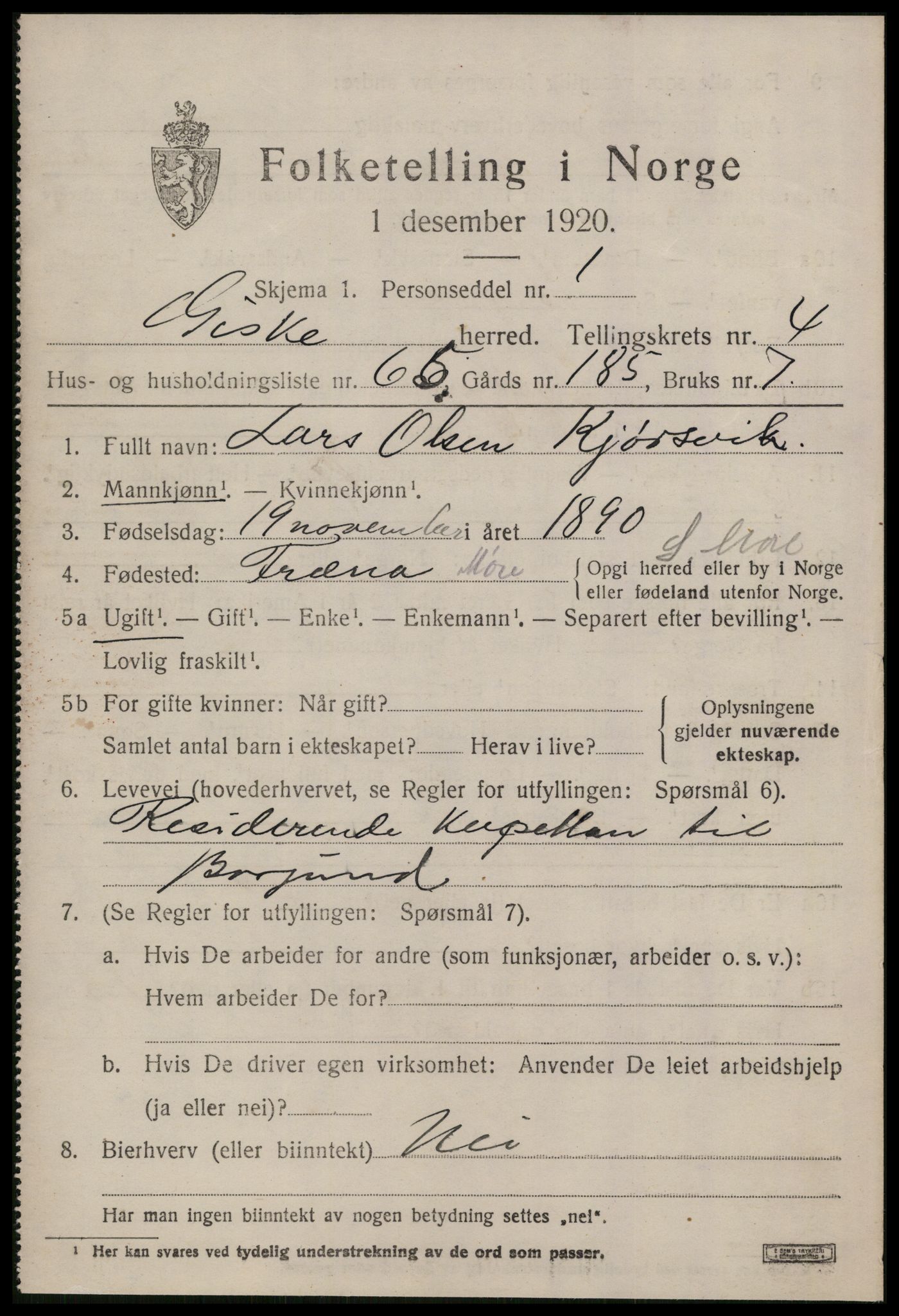 SAT, 1920 census for Giske, 1920, p. 3622