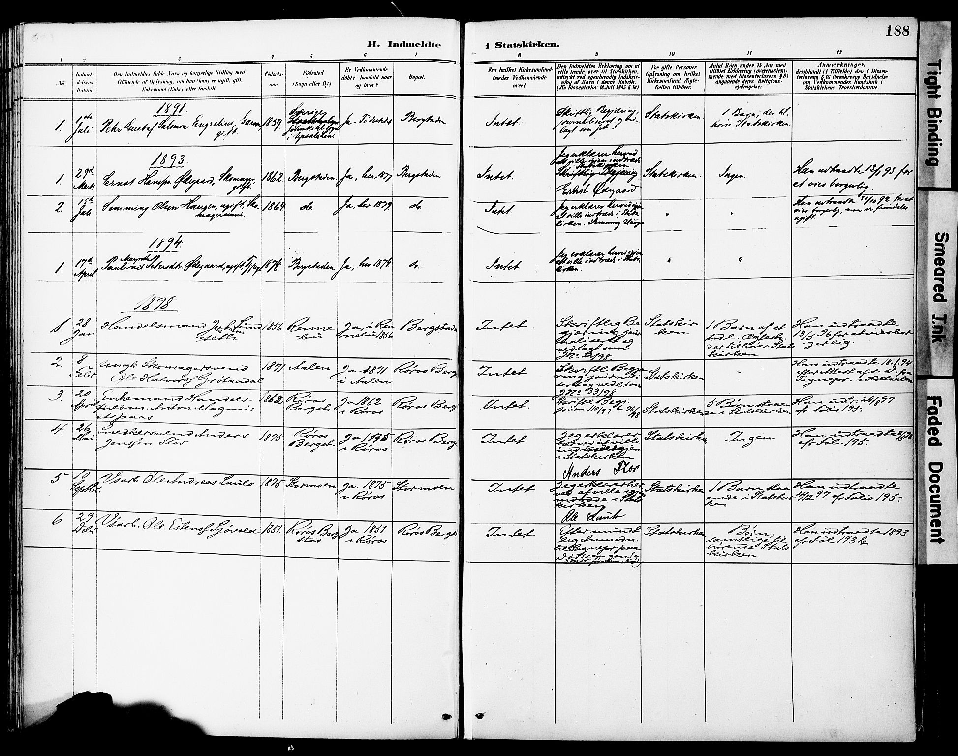 Ministerialprotokoller, klokkerbøker og fødselsregistre - Sør-Trøndelag, AV/SAT-A-1456/681/L0935: Parish register (official) no. 681A13, 1890-1898, p. 188