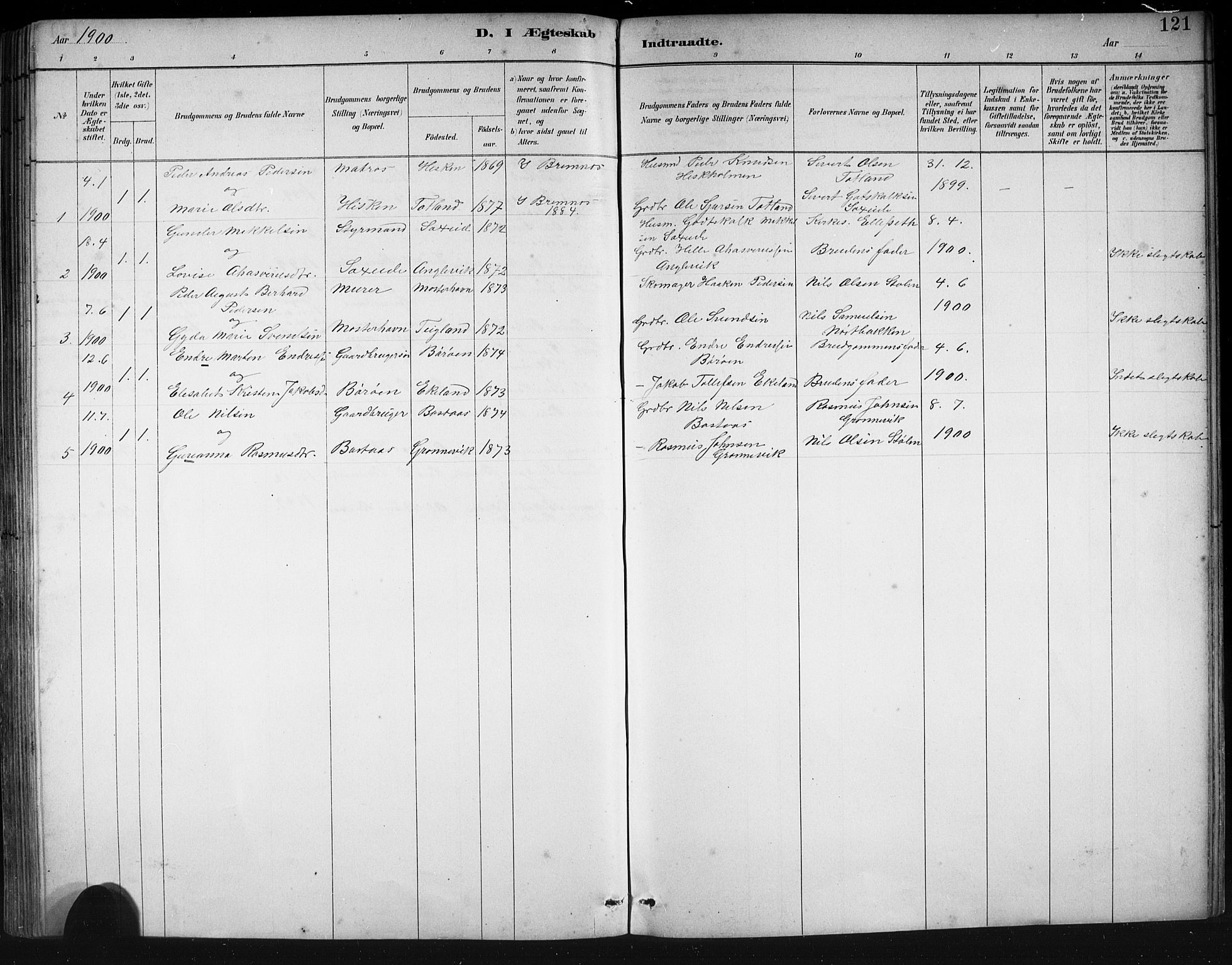 Finnås sokneprestembete, SAB/A-99925/H/Ha/Hab/Haba/L0003: Parish register (copy) no. A 3, 1883-1900, p. 121