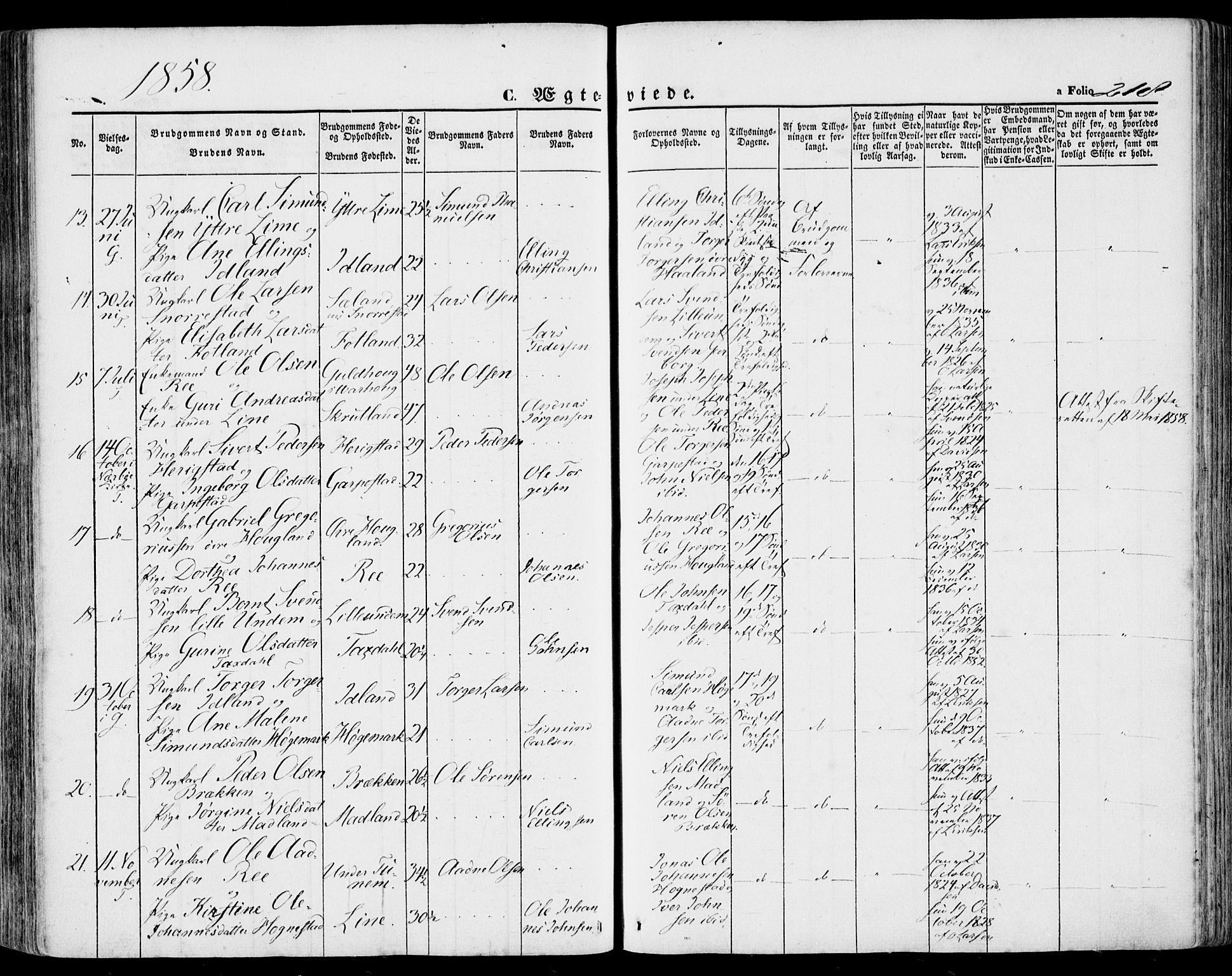 Lye sokneprestkontor, AV/SAST-A-101794/001/30BA/L0007: Parish register (official) no. A 6, 1856-1871, p. 218