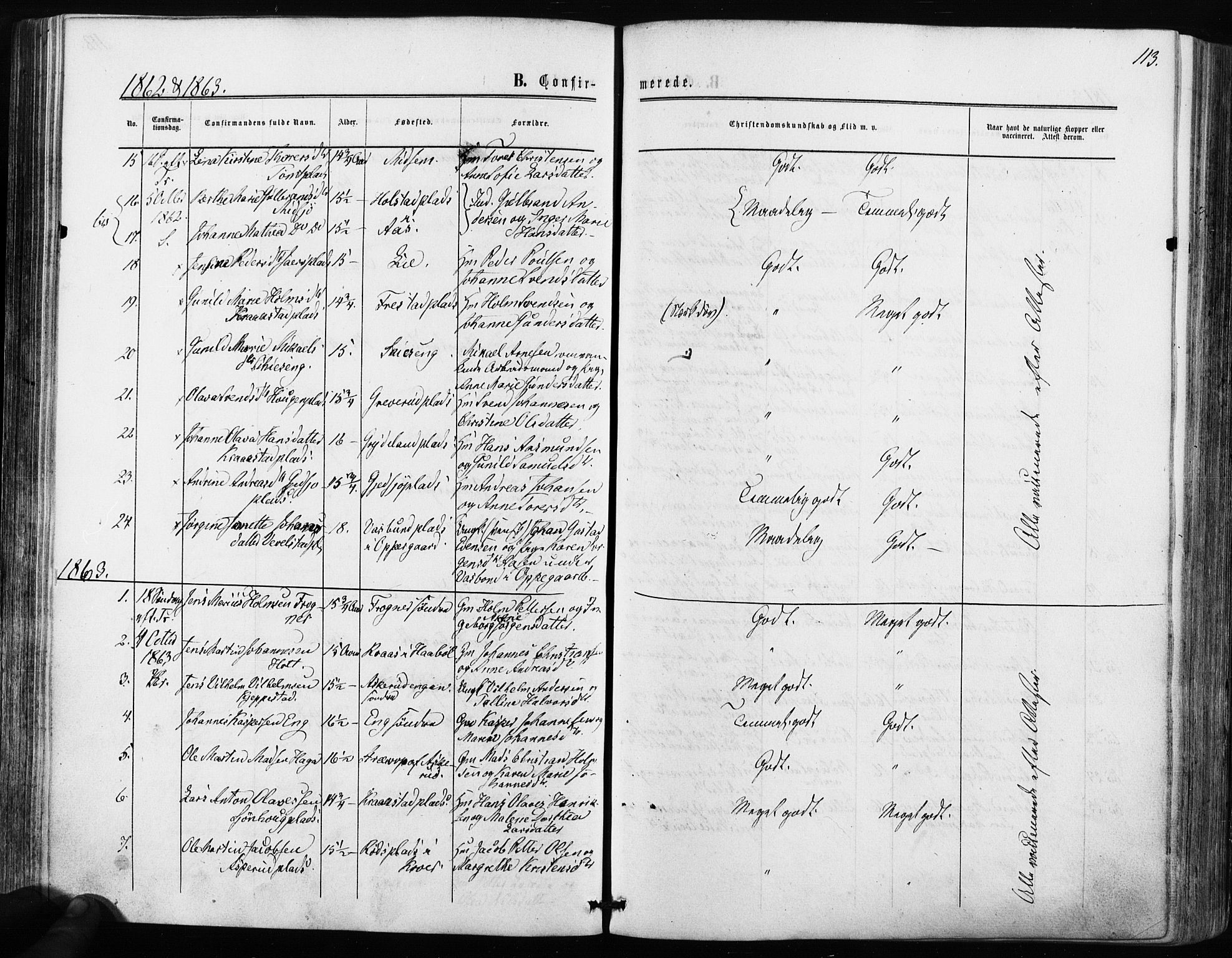 Kråkstad prestekontor Kirkebøker, SAO/A-10125a/F/Fa/L0007: Parish register (official) no. I 7, 1858-1870, p. 113