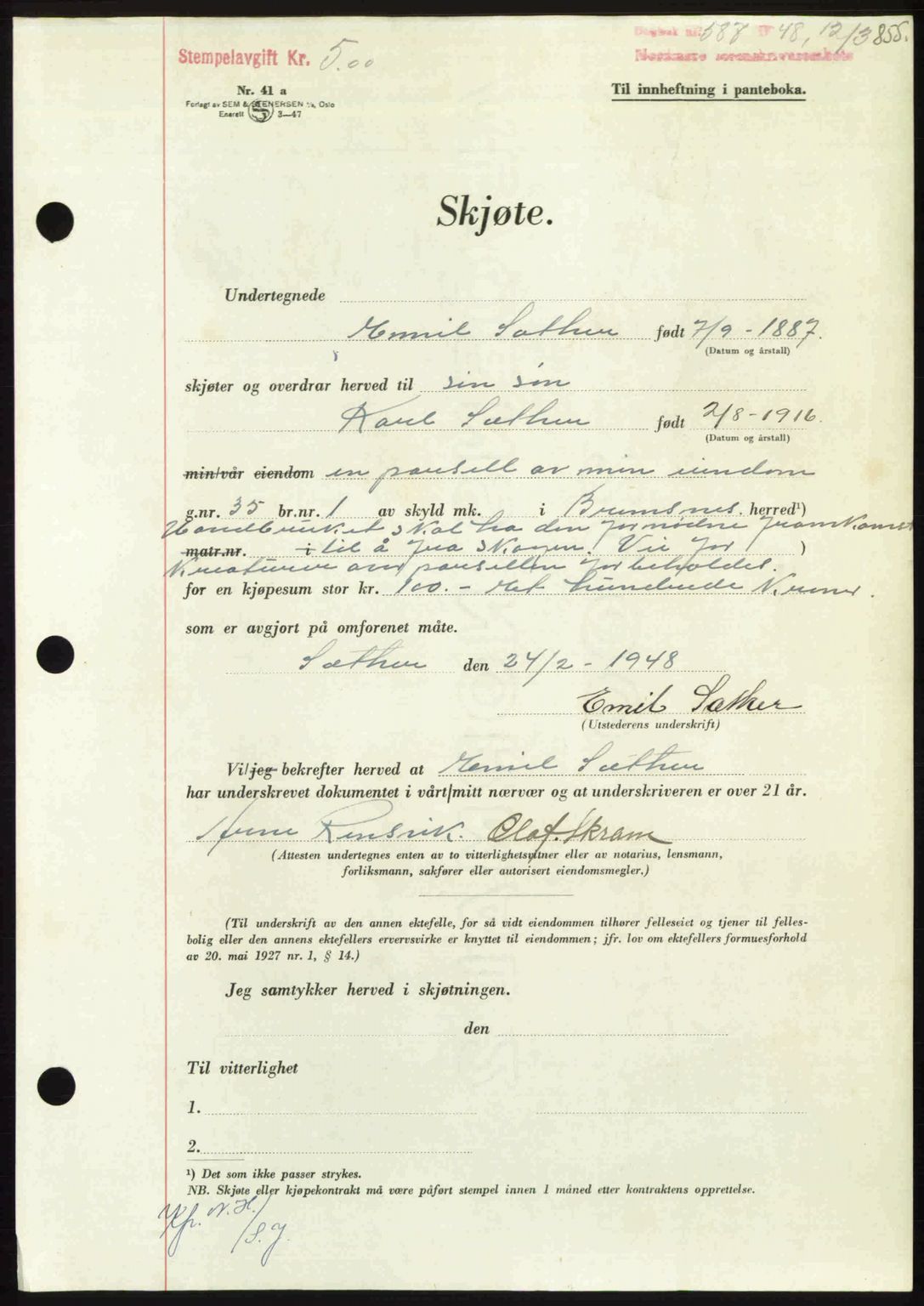 Nordmøre sorenskriveri, AV/SAT-A-4132/1/2/2Ca: Mortgage book no. A107, 1947-1948, Diary no: : 587/1948