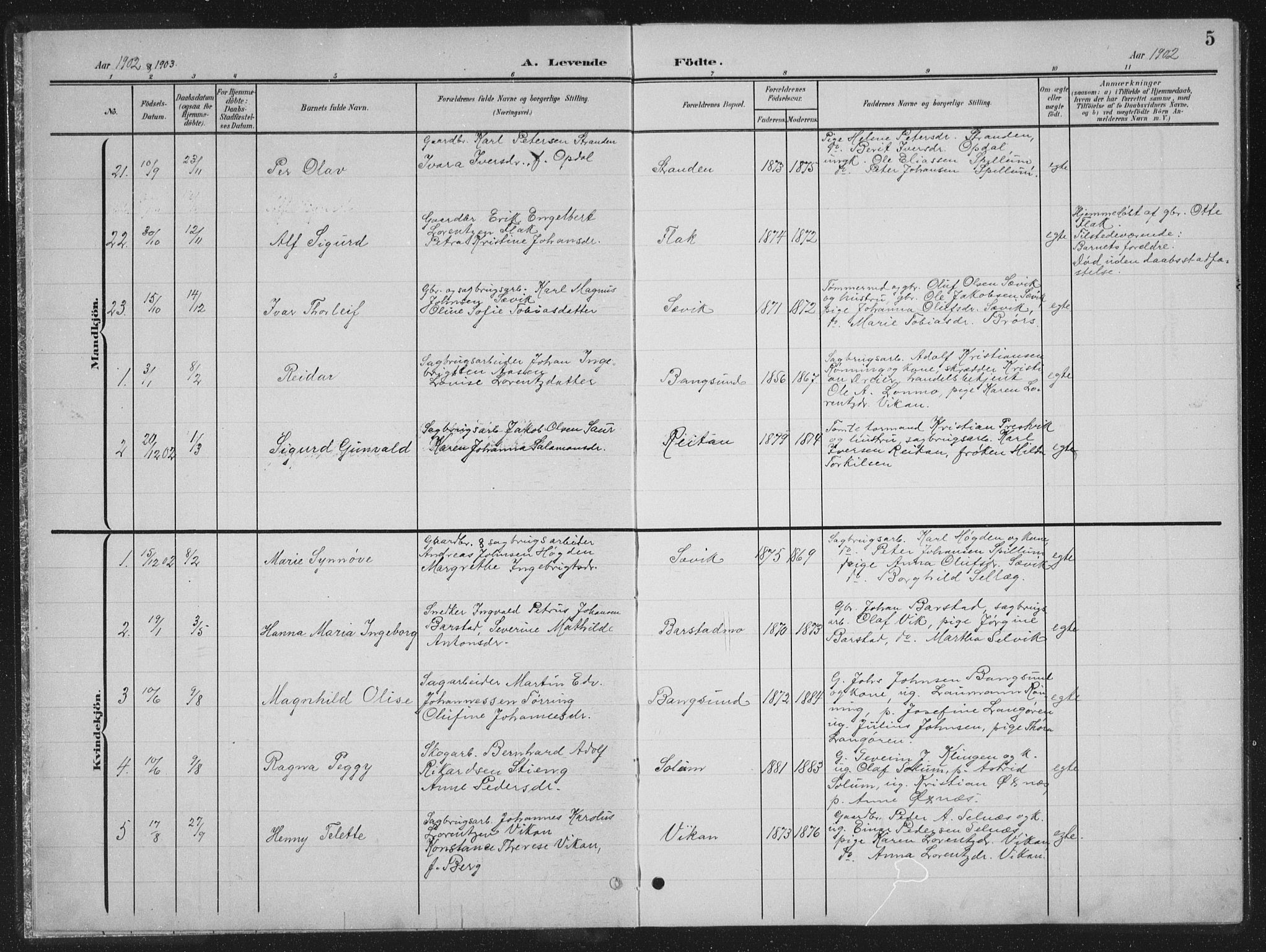 Ministerialprotokoller, klokkerbøker og fødselsregistre - Nord-Trøndelag, SAT/A-1458/770/L0591: Parish register (copy) no. 770C02, 1902-1940, p. 5