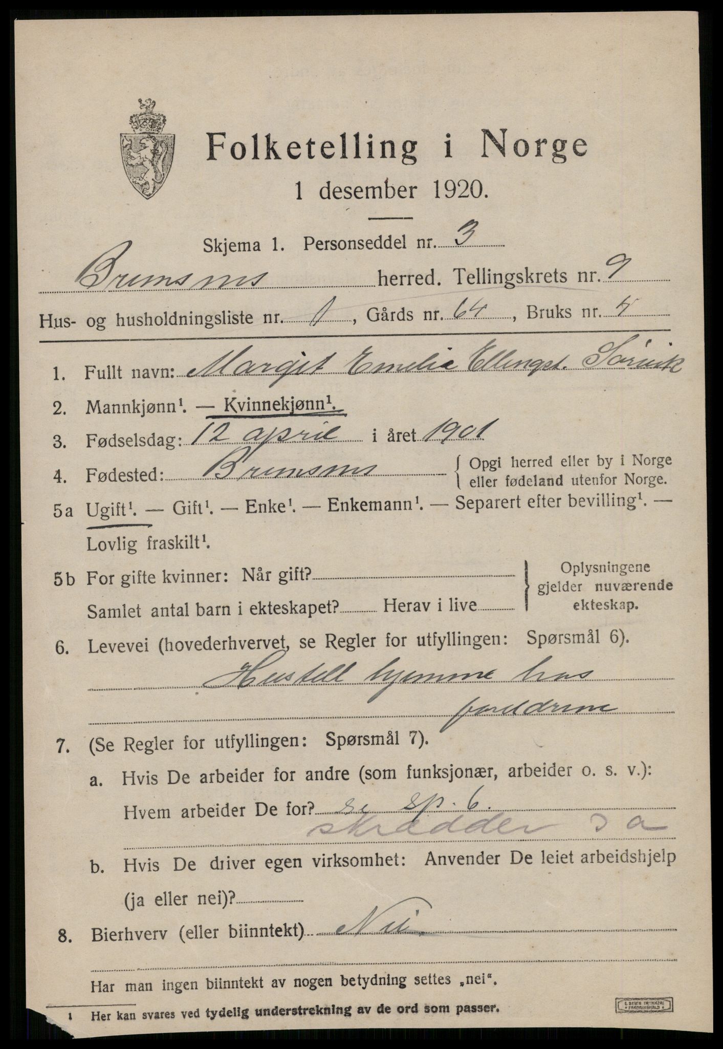 SAT, 1920 census for Bremsnes, 1920, p. 7831