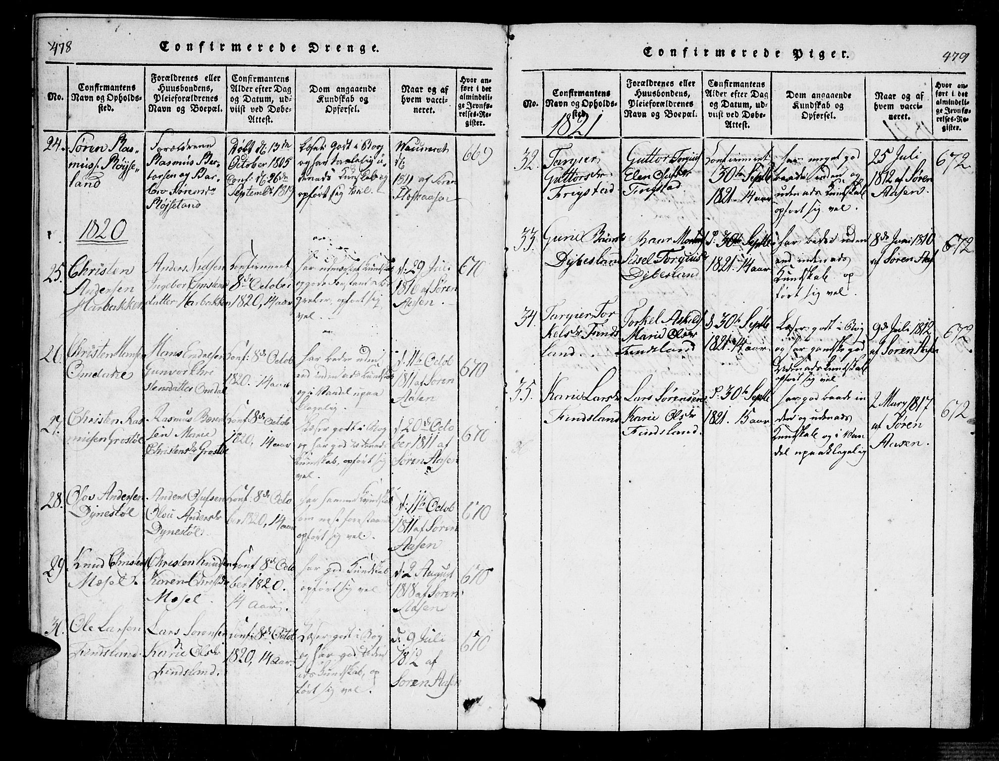 Bjelland sokneprestkontor, SAK/1111-0005/F/Fa/Fab/L0002: Parish register (official) no. A 2, 1816-1869, p. 478-479