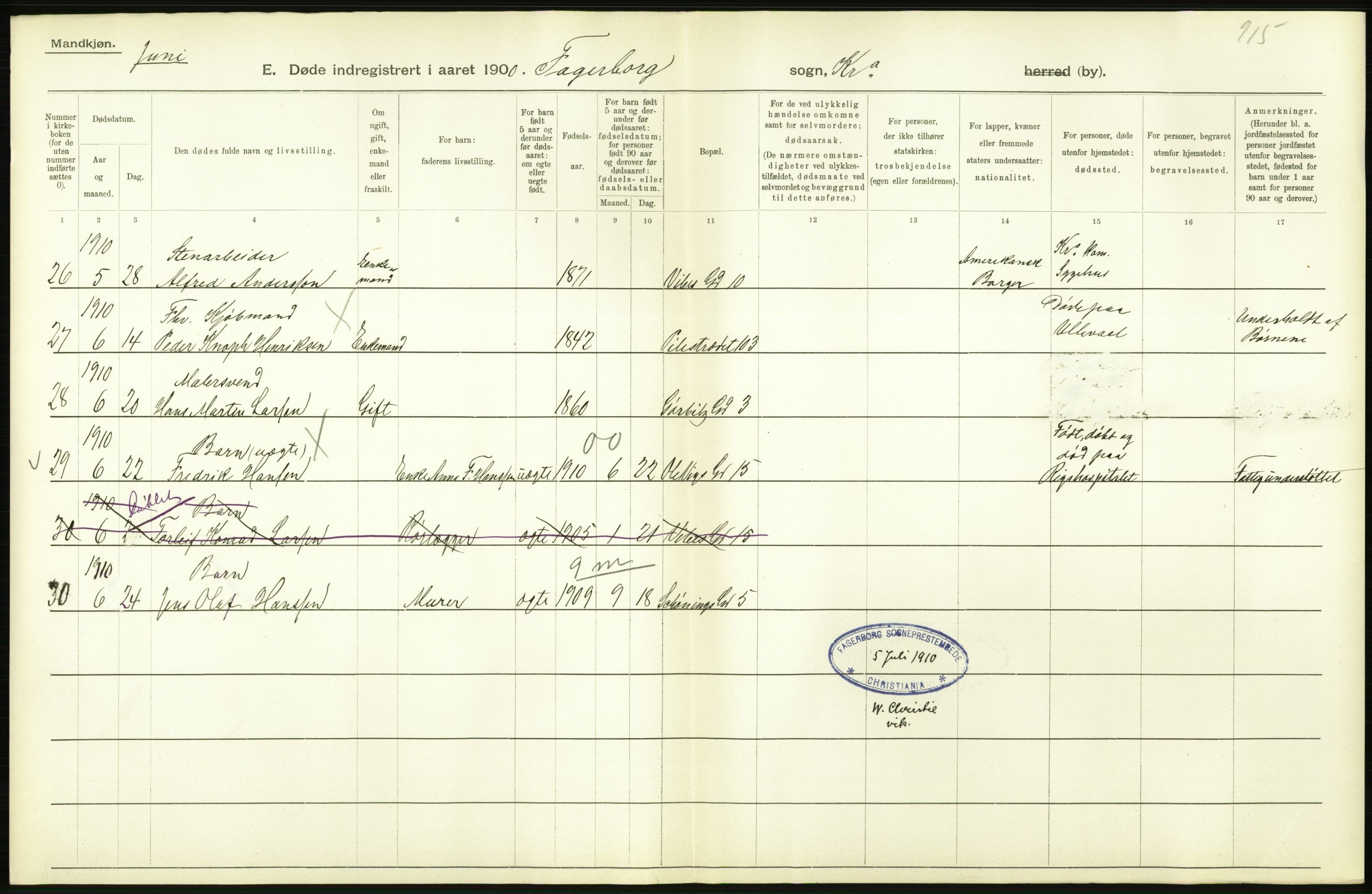 Statistisk sentralbyrå, Sosiodemografiske emner, Befolkning, AV/RA-S-2228/D/Df/Dfa/Dfah/L0008: Kristiania: Døde, 1910, p. 880