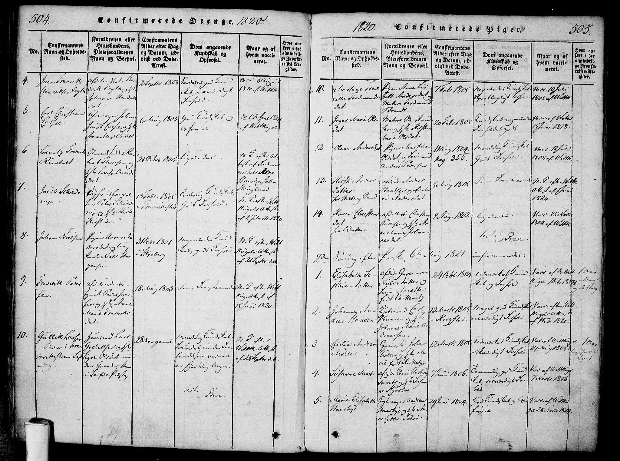 Halden prestekontor Kirkebøker, AV/SAO-A-10909/F/Fa/L0003: Parish register (official) no. I 3, 1815-1834, p. 504-505