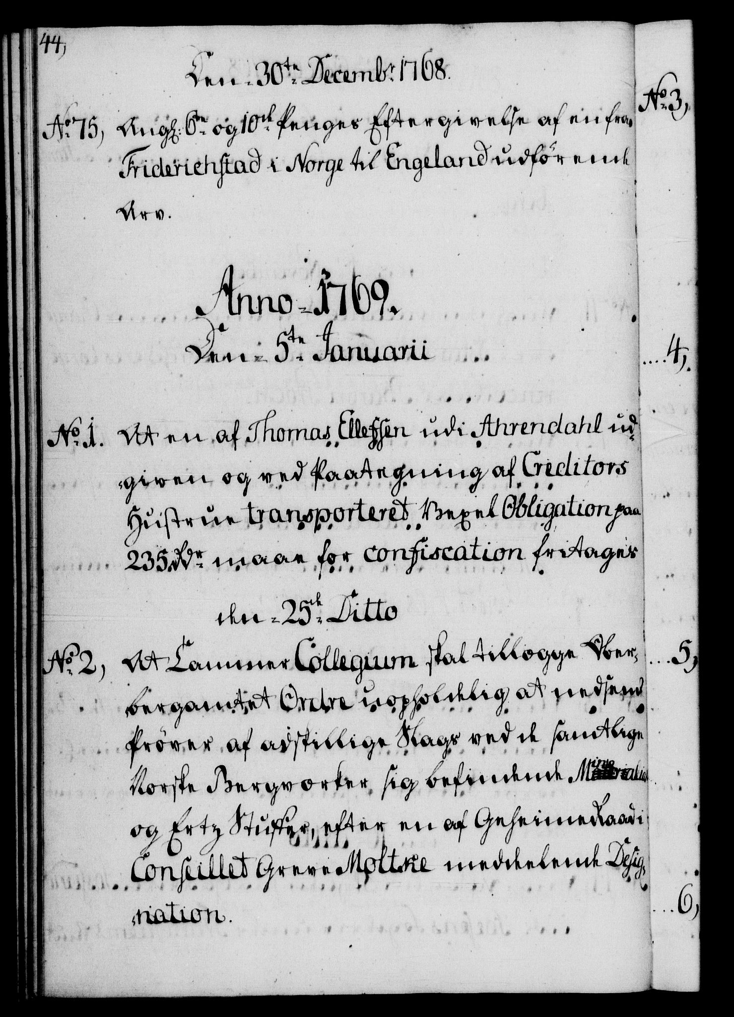 Rentekammeret, Kammerkanselliet, RA/EA-3111/G/Gf/Gfb/L0008: Register til norske relasjons- og resolusjonsprotokoller (merket RK 52.103), 1766-1771, p. 44