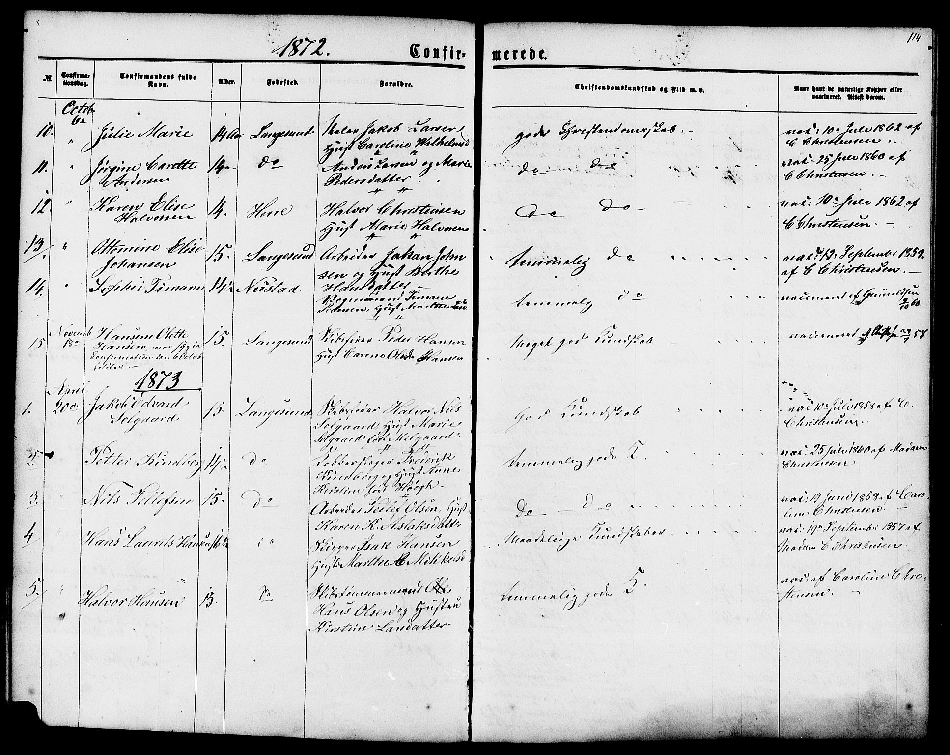 Langesund kirkebøker, SAKO/A-280/G/Ga/L0004: Parish register (copy) no. 4, 1859-1884, p. 114