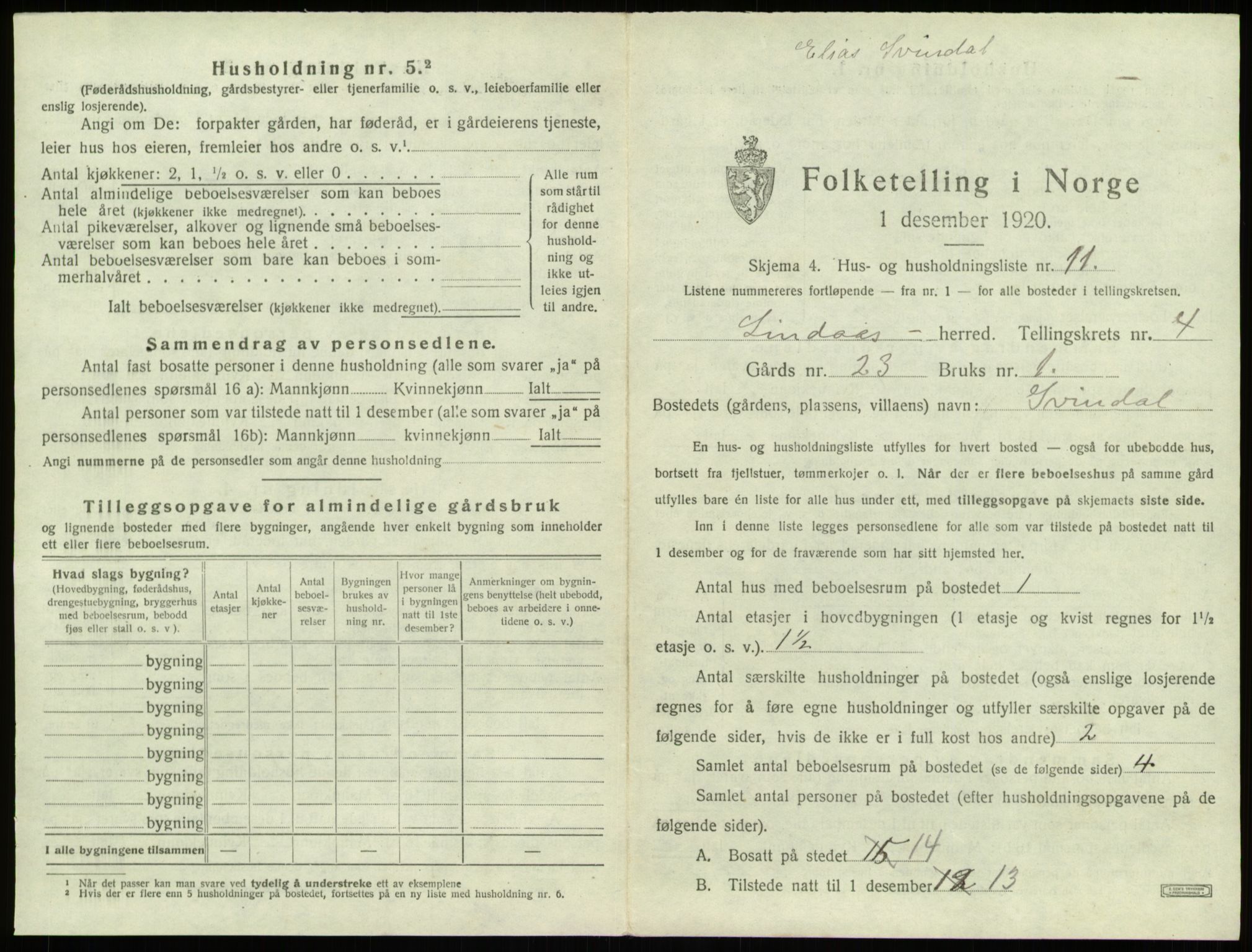 SAB, 1920 census for Lindås, 1920, p. 276