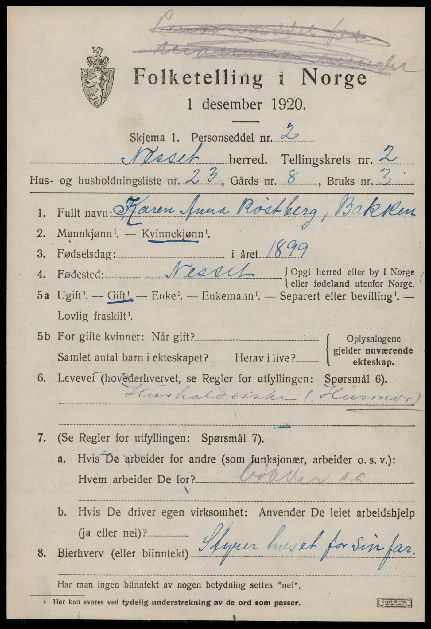 SAT, 1920 census for Nesset, 1920, p. 1284