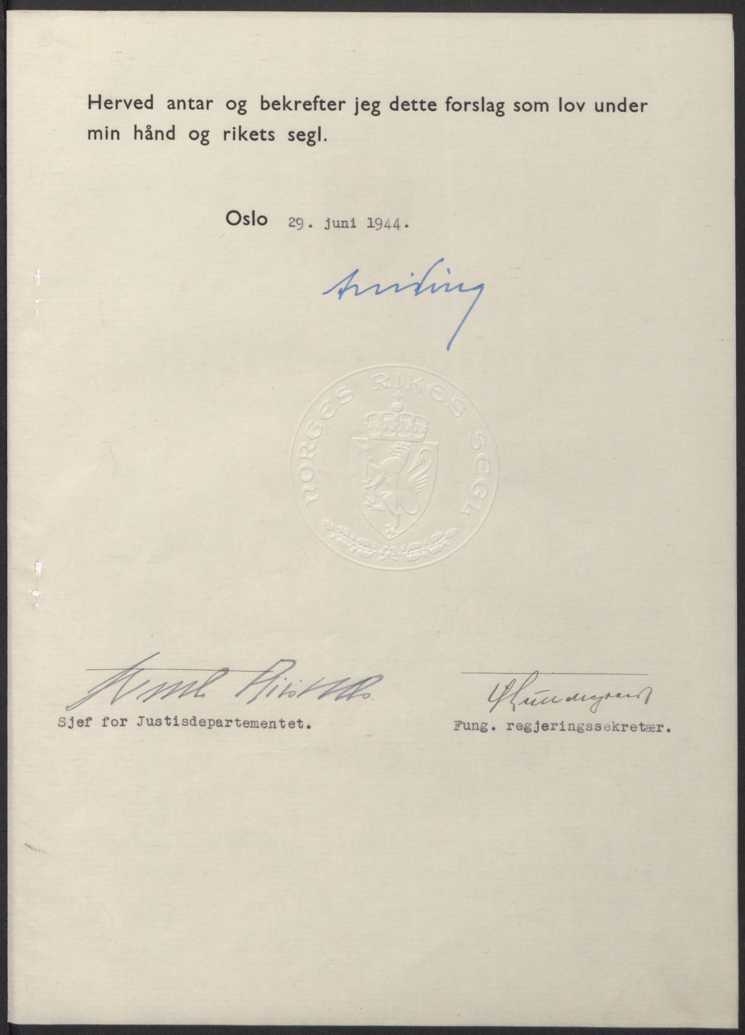 NS-administrasjonen 1940-1945 (Statsrådsekretariatet, de kommisariske statsråder mm), AV/RA-S-4279/D/Db/L0100: Lover, 1944, p. 329