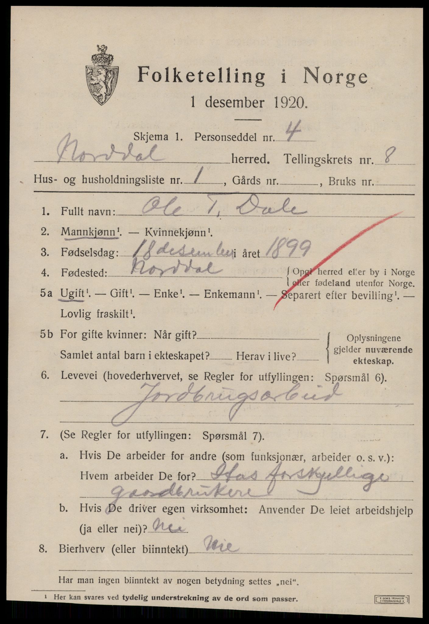 SAT, 1920 census for Norddal, 1920, p. 4043