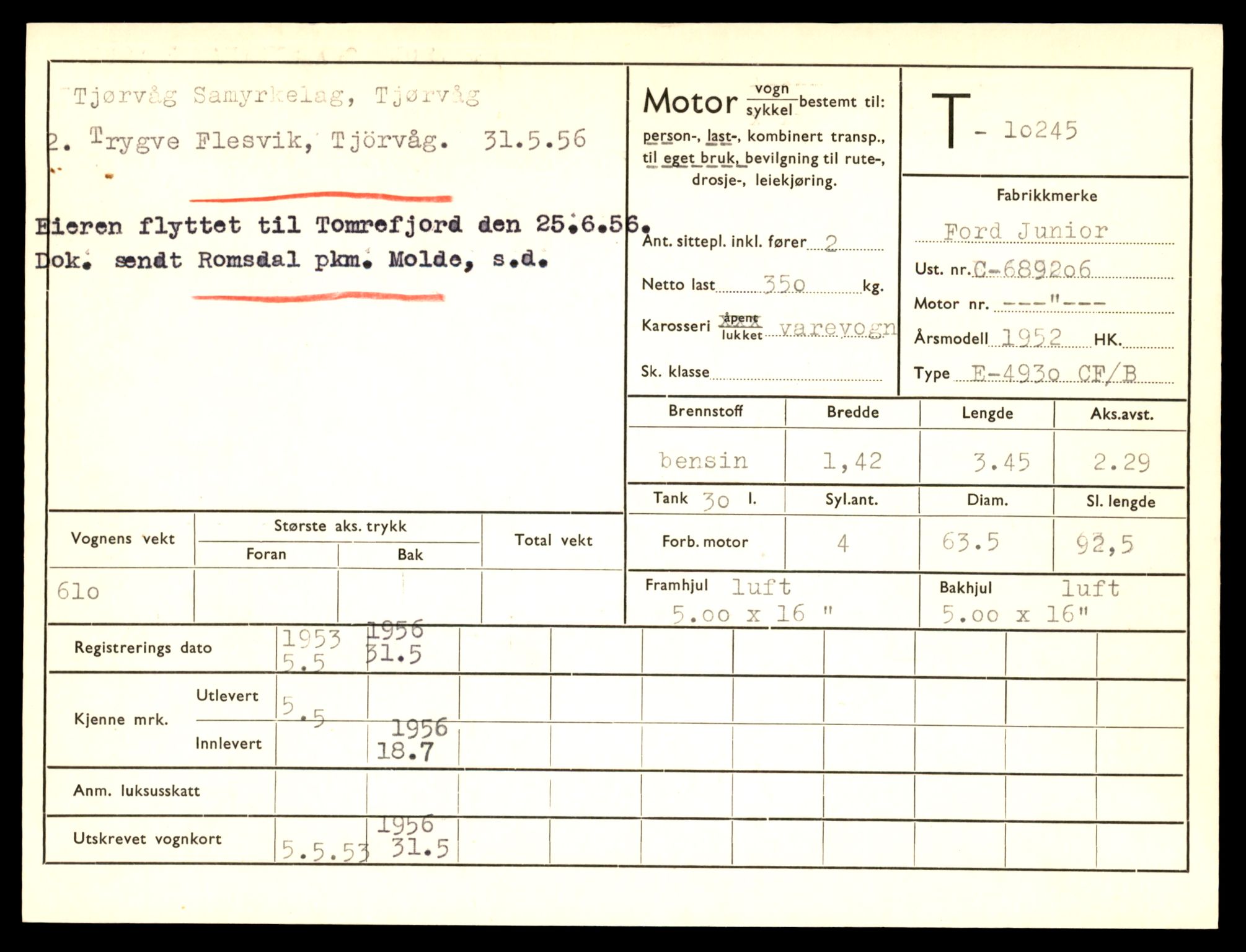 Møre og Romsdal vegkontor - Ålesund trafikkstasjon, AV/SAT-A-4099/F/Fe/L0019: Registreringskort for kjøretøy T 10228 - T 10350, 1927-1998, p. 465