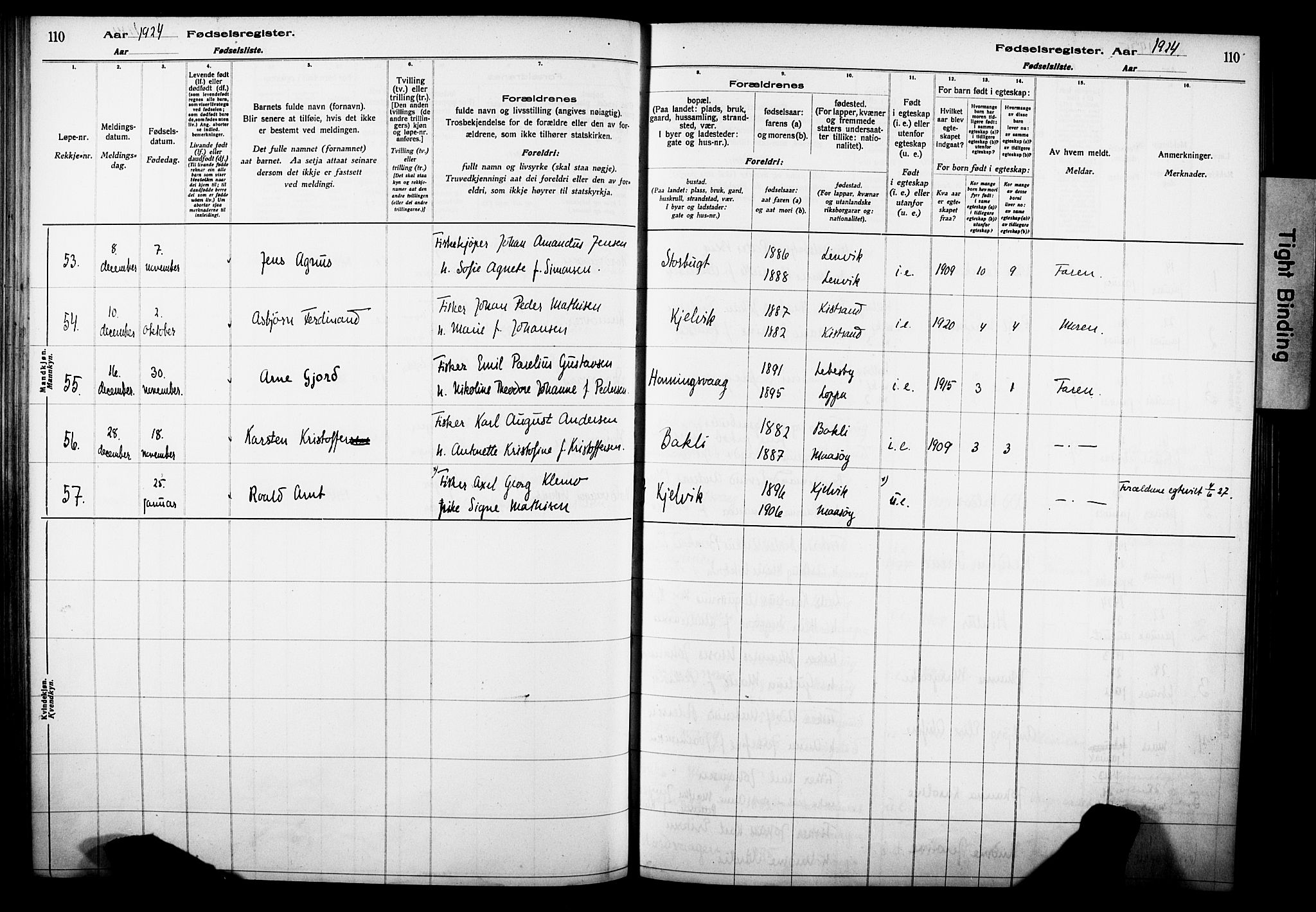 Kjelvik/Nordkapp sokneprestkontor, AV/SATØ-S-1350/I/Ia/L0015: Birth register no. 15, 1916-1930, p. 110